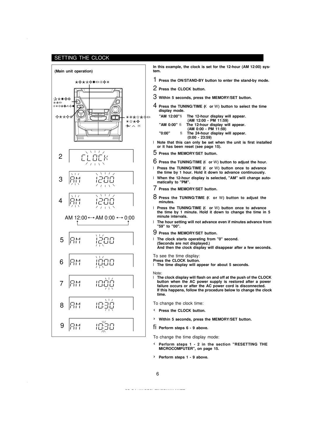 Sharp CD-BA120 Setting the Clock, To see the time display, To change the clock time, To change the time display mode 