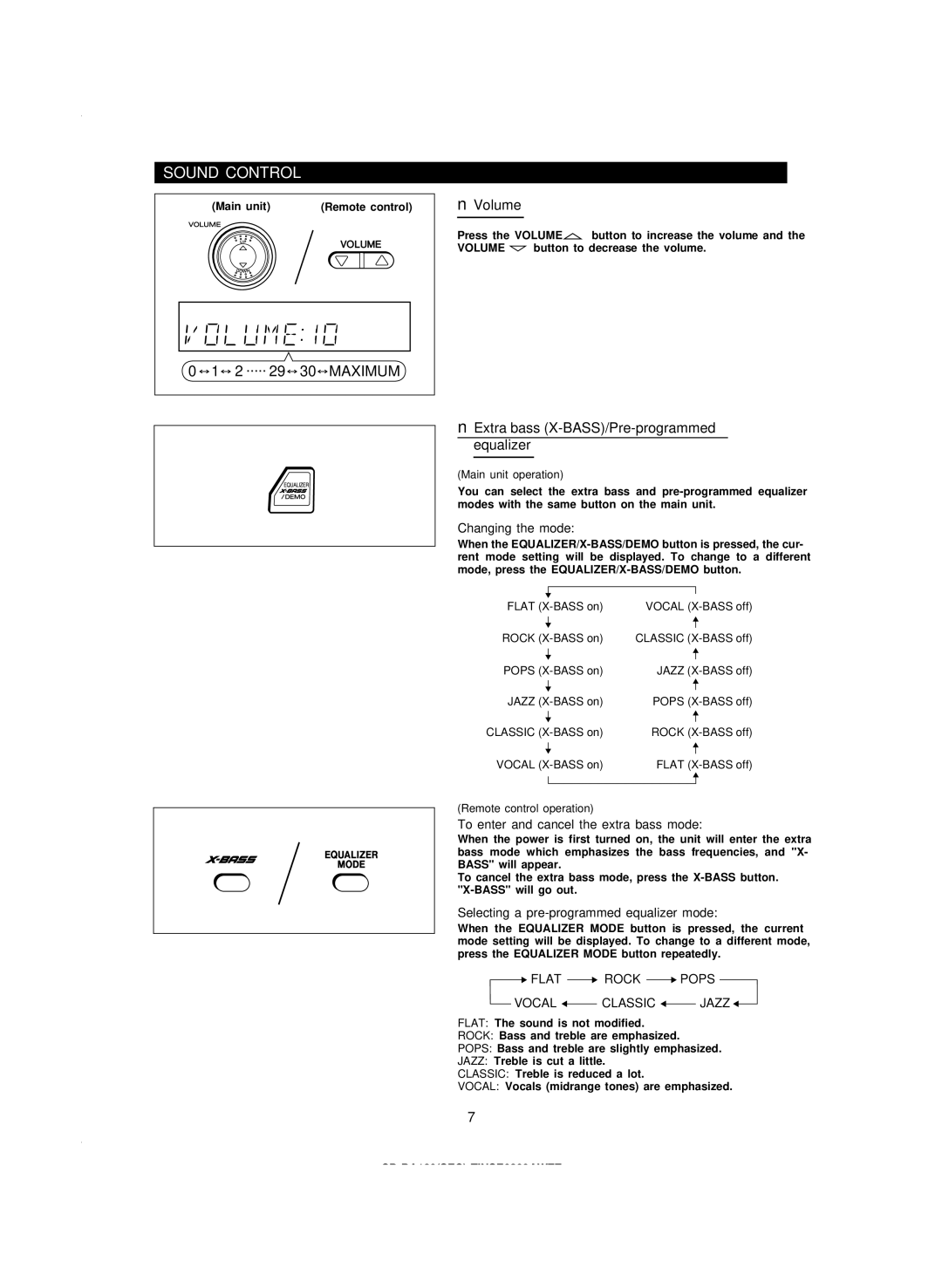 Sharp CD-BA120 operation manual Sound Control, Volume, Extra bass X-BASS/Pre-programmed equalizer 