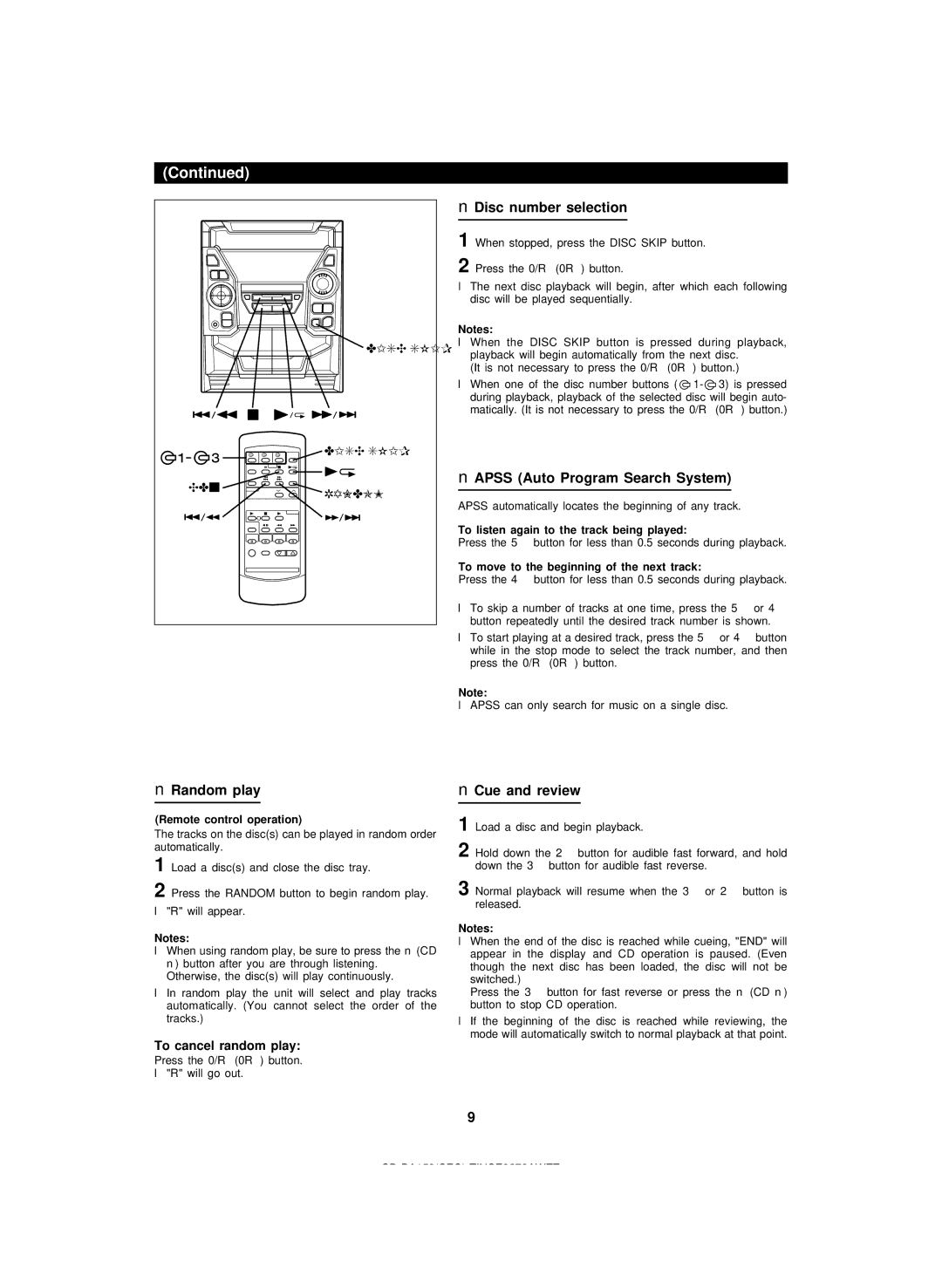 Sharp CD-BA150 Disc number selection, Apss Auto Program Search System, Random play, Cue and review, To cancel random play 