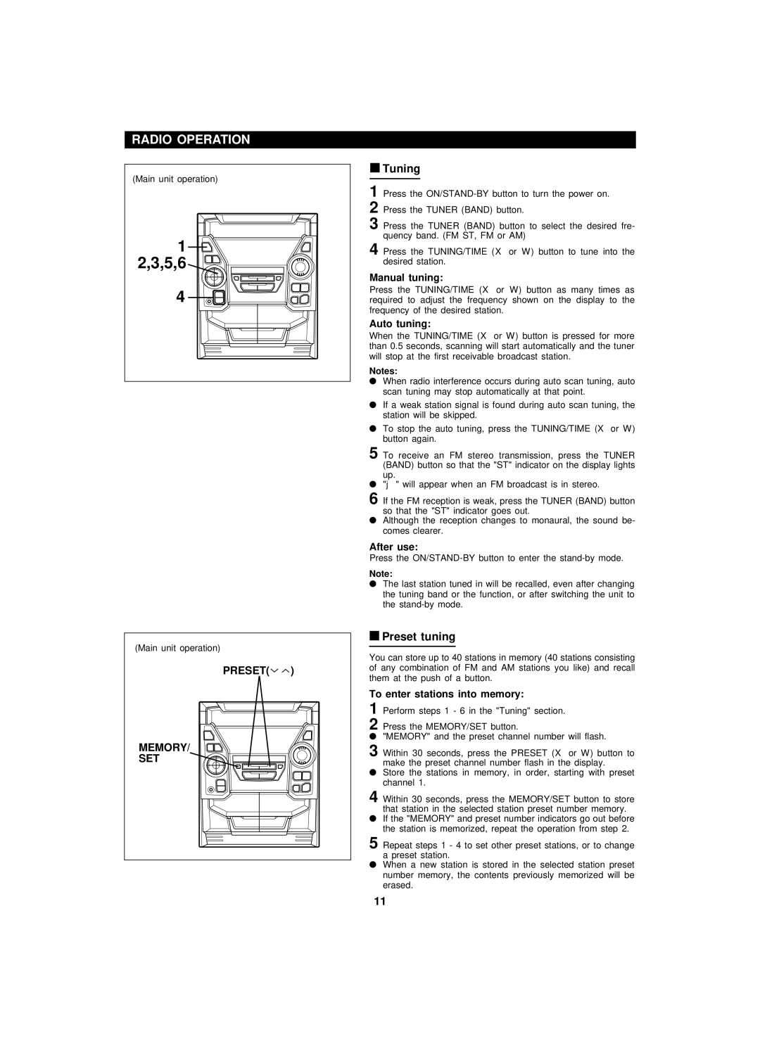 Sharp CD-BA150, CP-BA150 operation manual Radio Operation, Preset Memory SET, Tuning, Preset tuning 