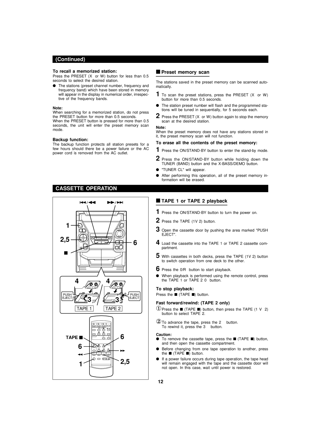 Sharp CP-BA150, CD-BA150 operation manual Cassette Operation, Preset memory scan, Tape 1 or Tape 2 playback 