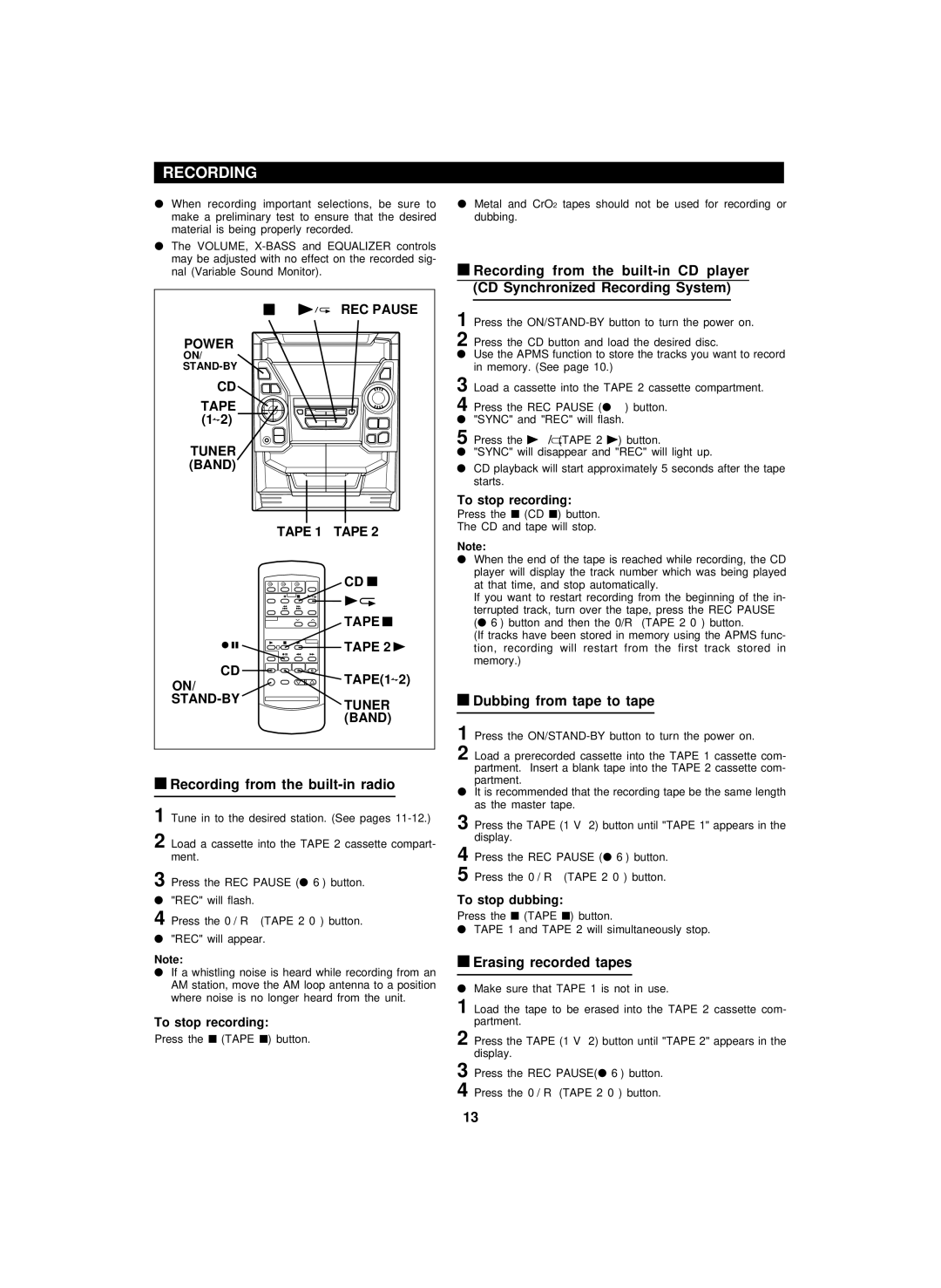 Sharp CD-BA150, CP-BA150 operation manual Recording, REC Pause Power, Tuner Band Tape 1 Tape, STAND-BY Tuner Band 