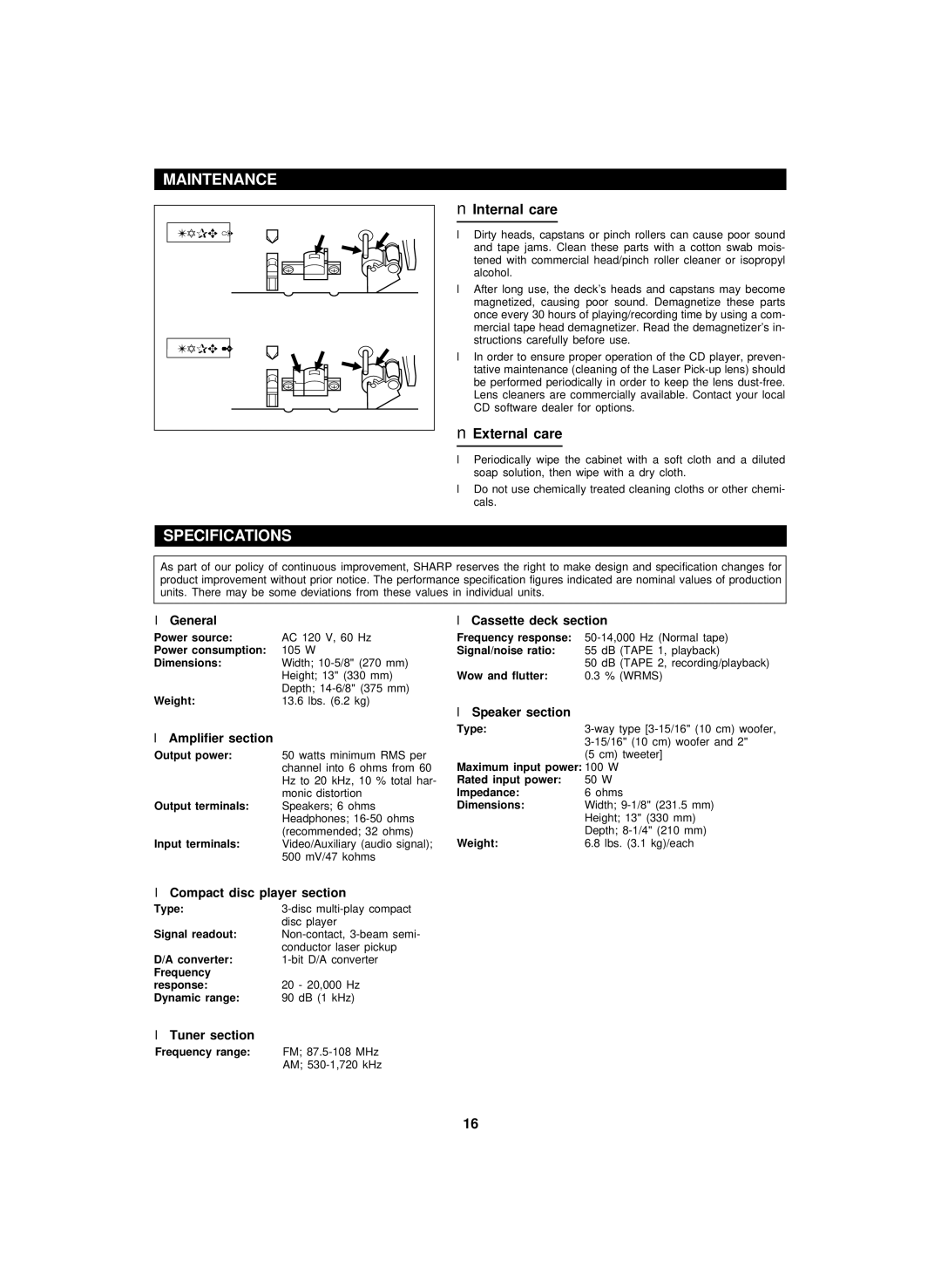 Sharp CP-BA150, CD-BA150 operation manual Specifications, Internal care, External care 