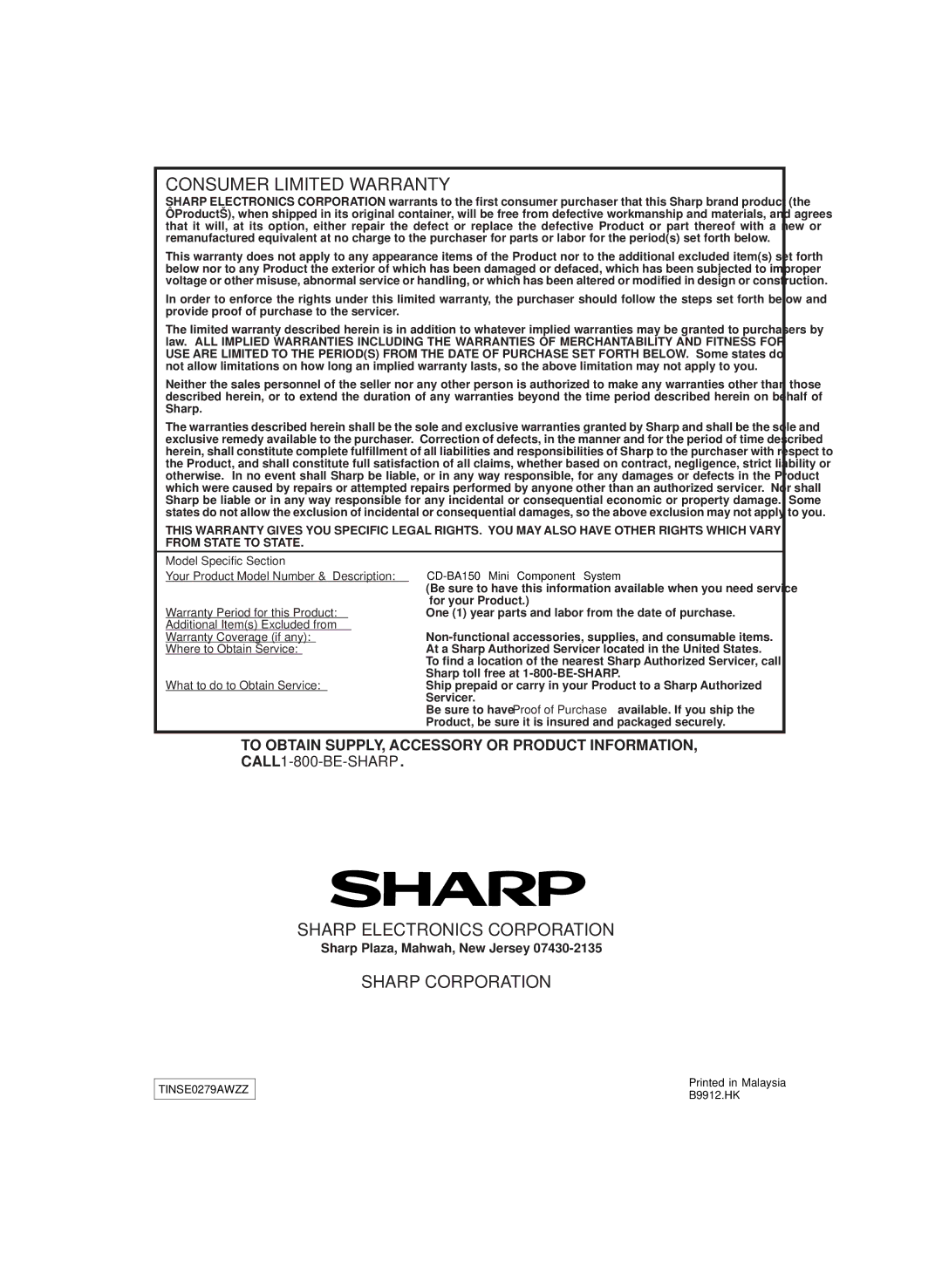 Sharp CD-BA150, CP-BA150 operation manual Consumer Limited Warranty 