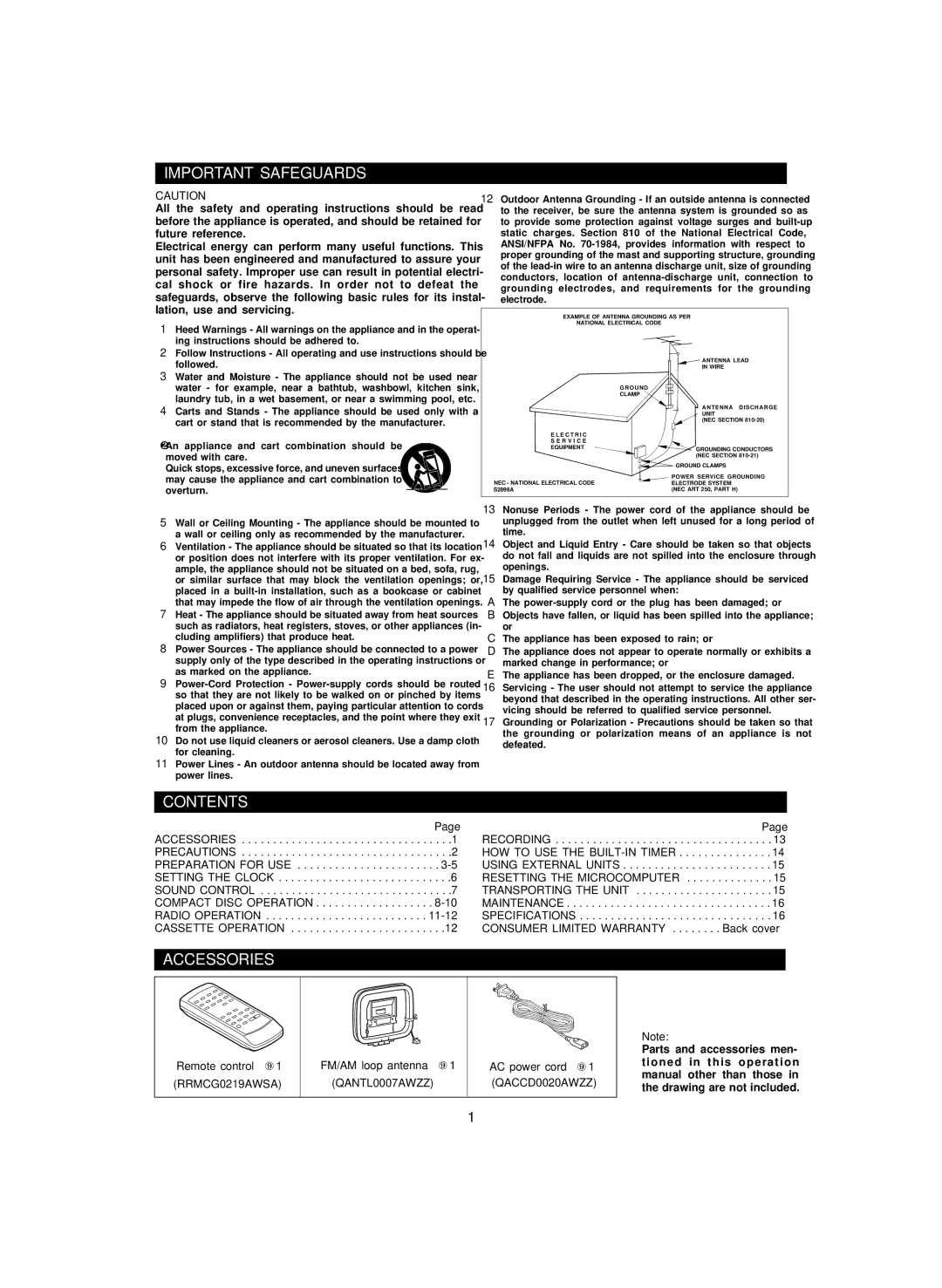 Sharp CD-BA150, CP-BA150 operation manual Important Safeguards, Contents, Accessories 