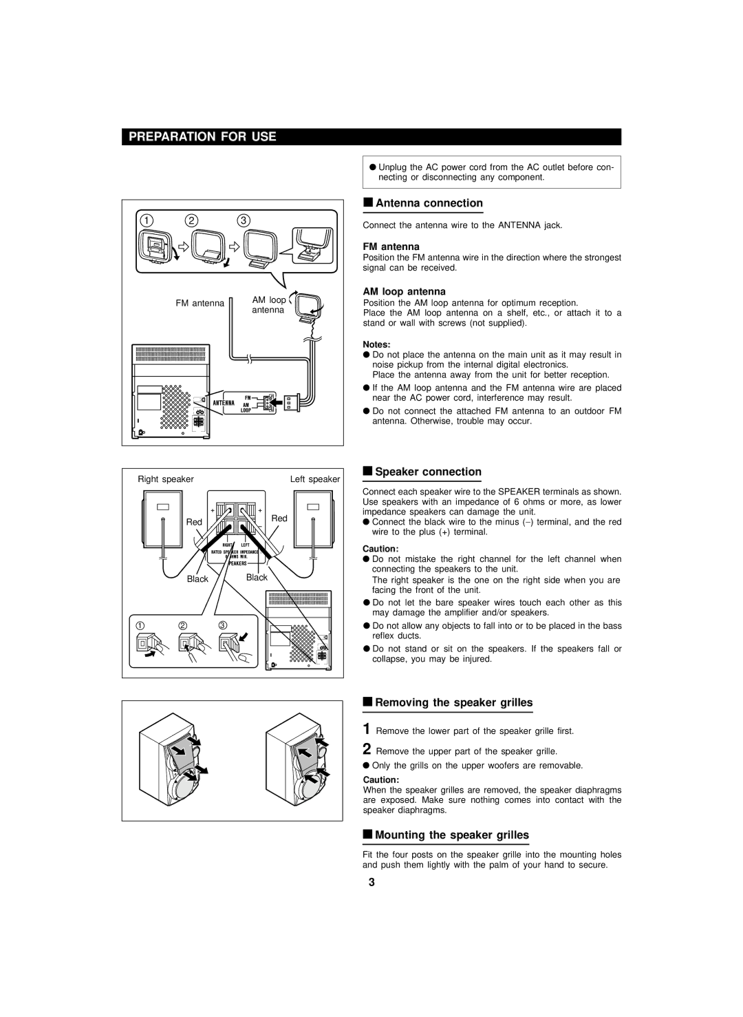 Sharp CD-BA150, CP-BA150 Preparation for USE, Antenna connection, Speaker connection, Removing the speaker grilles 