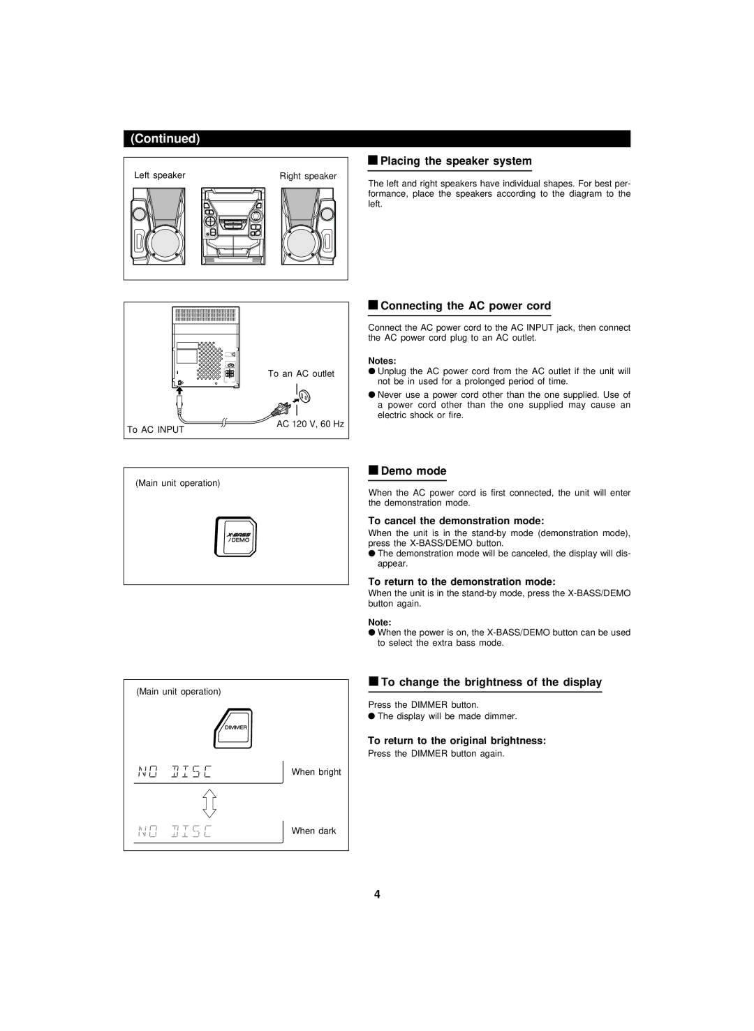 Sharp CP-BA150, CD-BA150 operation manual Placing the speaker system, Connecting the AC power cord, Demo mode 