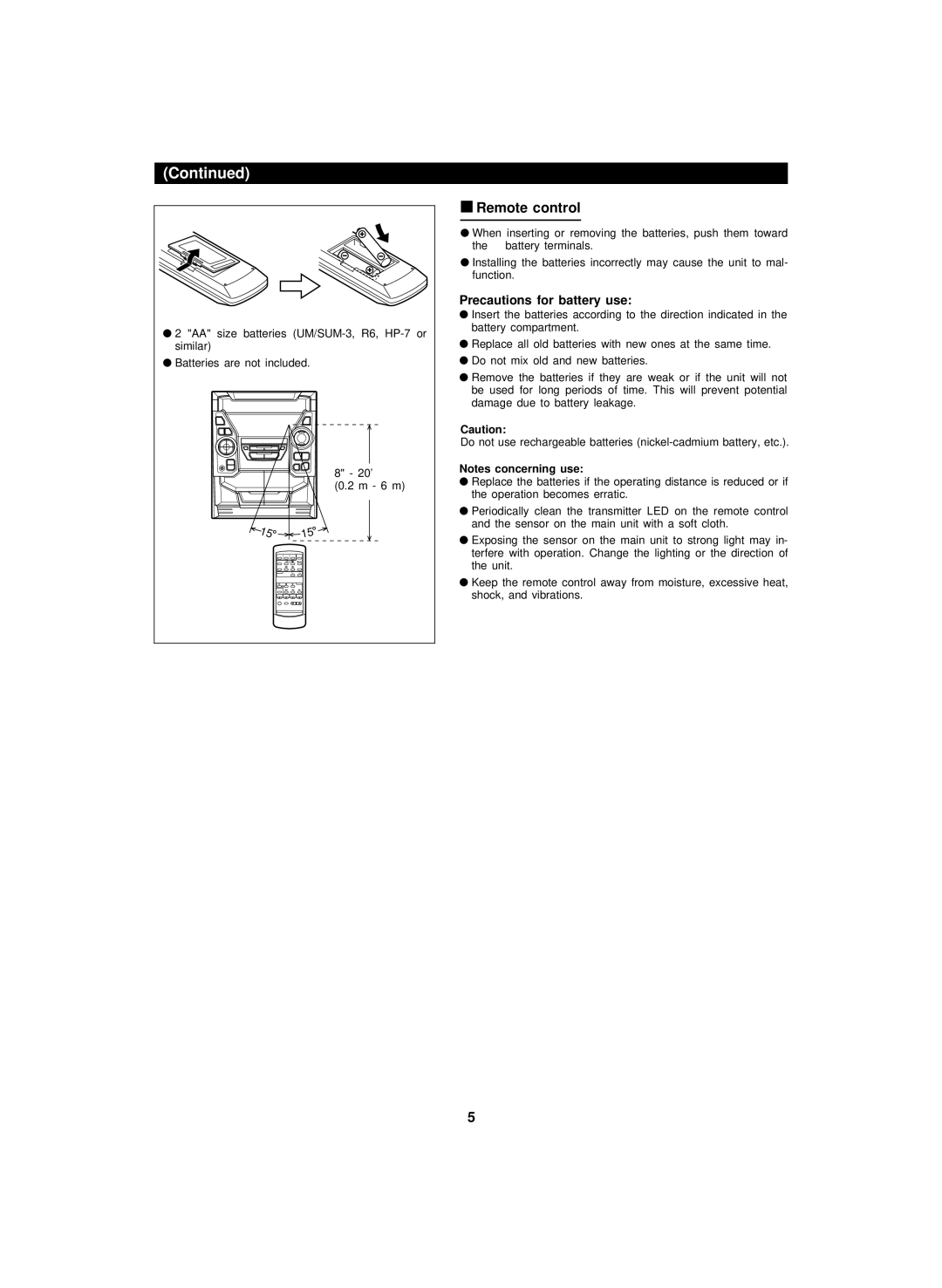 Sharp CD-BA150, CP-BA150 operation manual Remote control, Precautions for battery use 