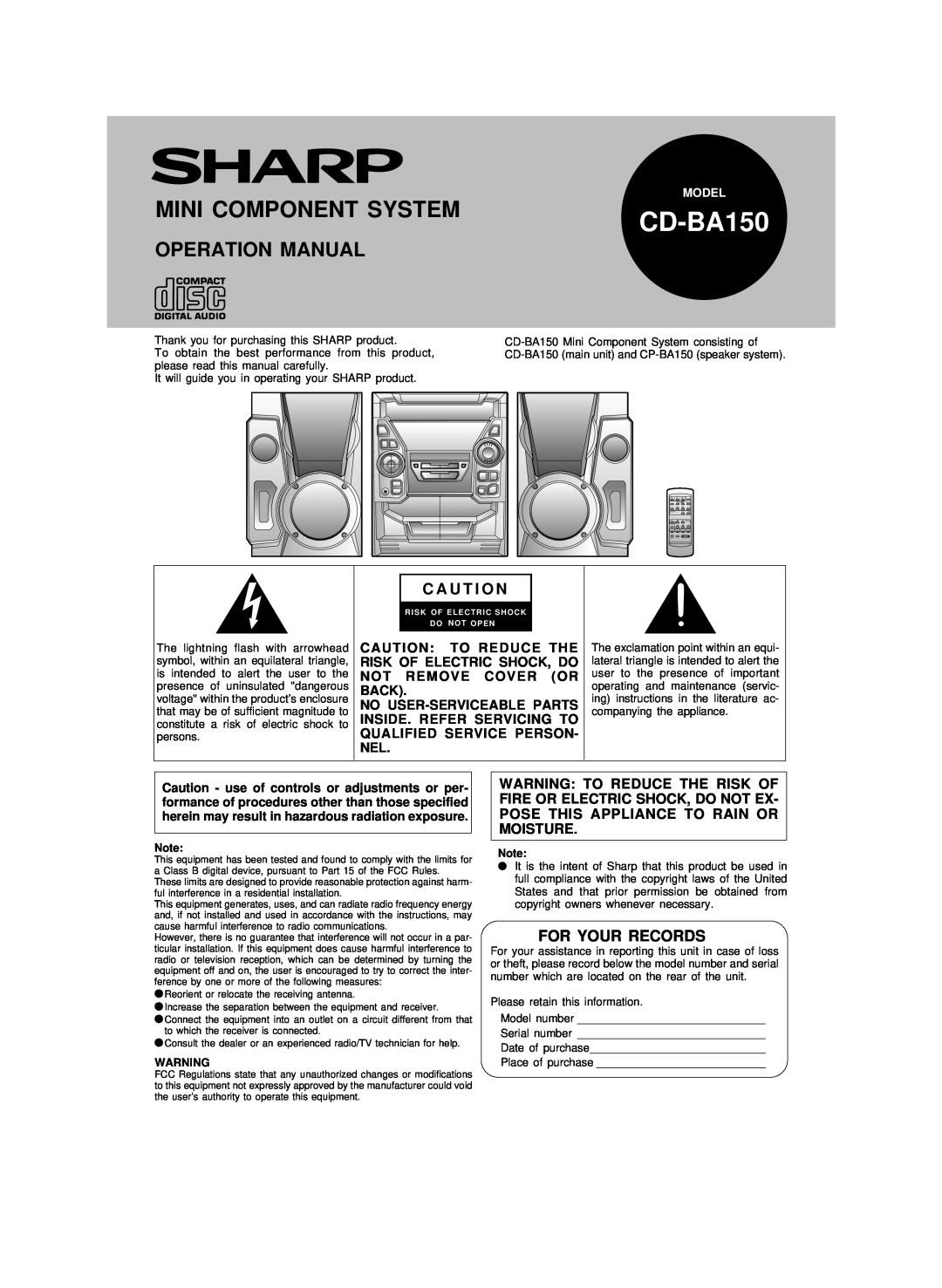 Sharp CP-BA150 operation manual CD-BA150, Mini Component System, C A U T I O N, For Your Records 