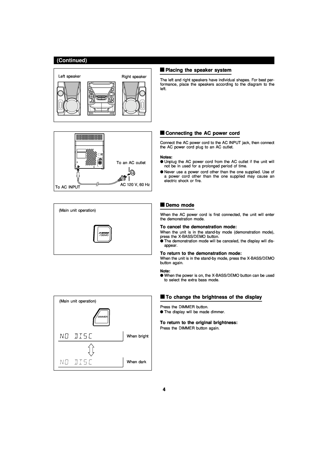 Sharp CP-BA150, CD-BA150 operation manual Continued, To cancel the demonstration mode, To return to the demonstration mode 