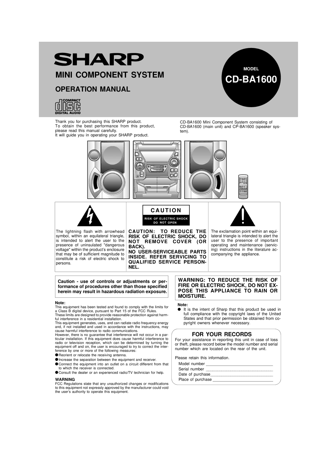 Sharp CD-BA1600 operation manual 