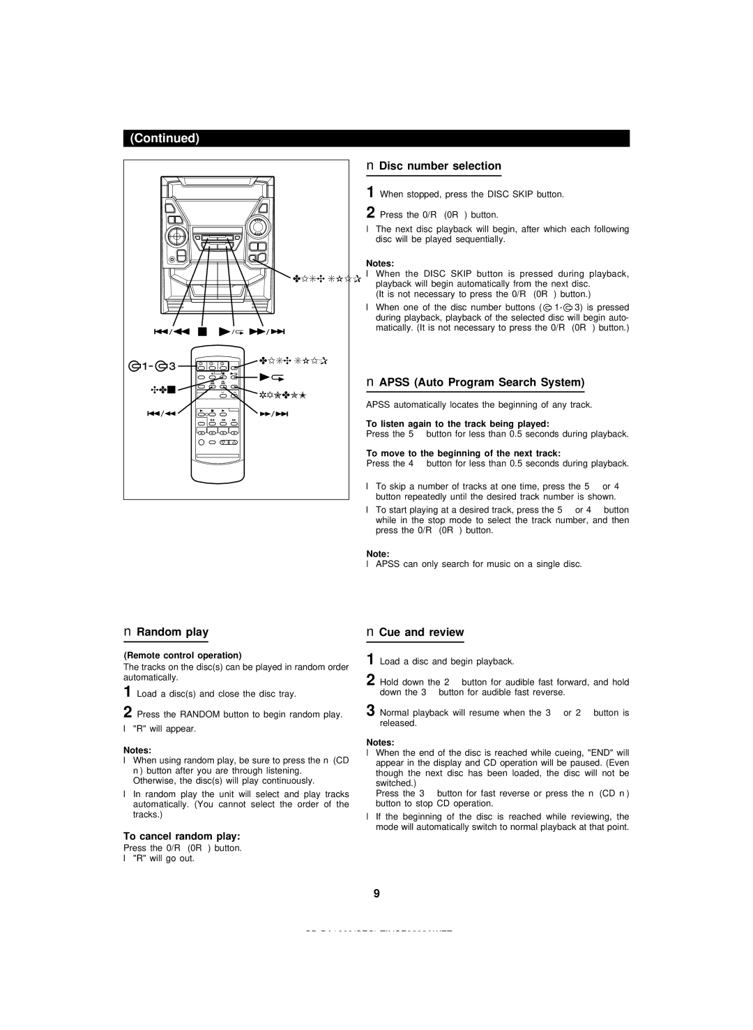 Sharp CD-BA1600 Disc number selection, Apss Auto Program Search System, Random play, Cue and review, To cancel random play 