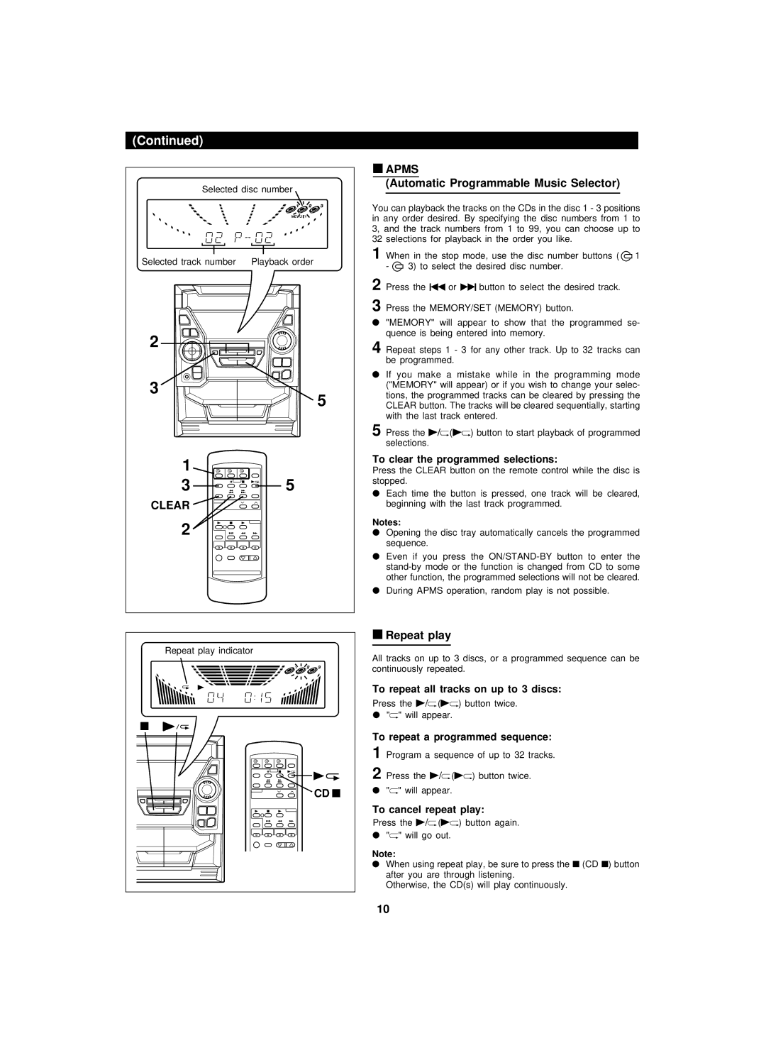 Sharp CD-BA1600 operation manual Clear, Apms, Automatic Programmable Music Selector, Repeat play 