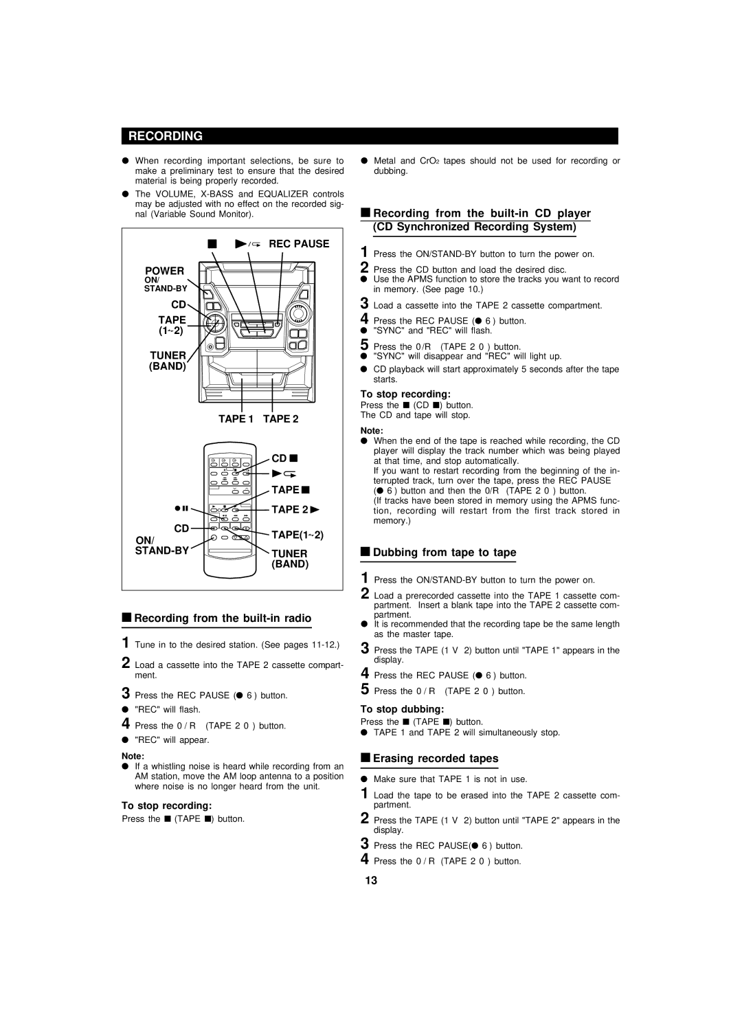 Sharp CD-BA1600 operation manual Recording, REC Pause Power, Tuner Band Tape, STAND-BY Tuner Band 