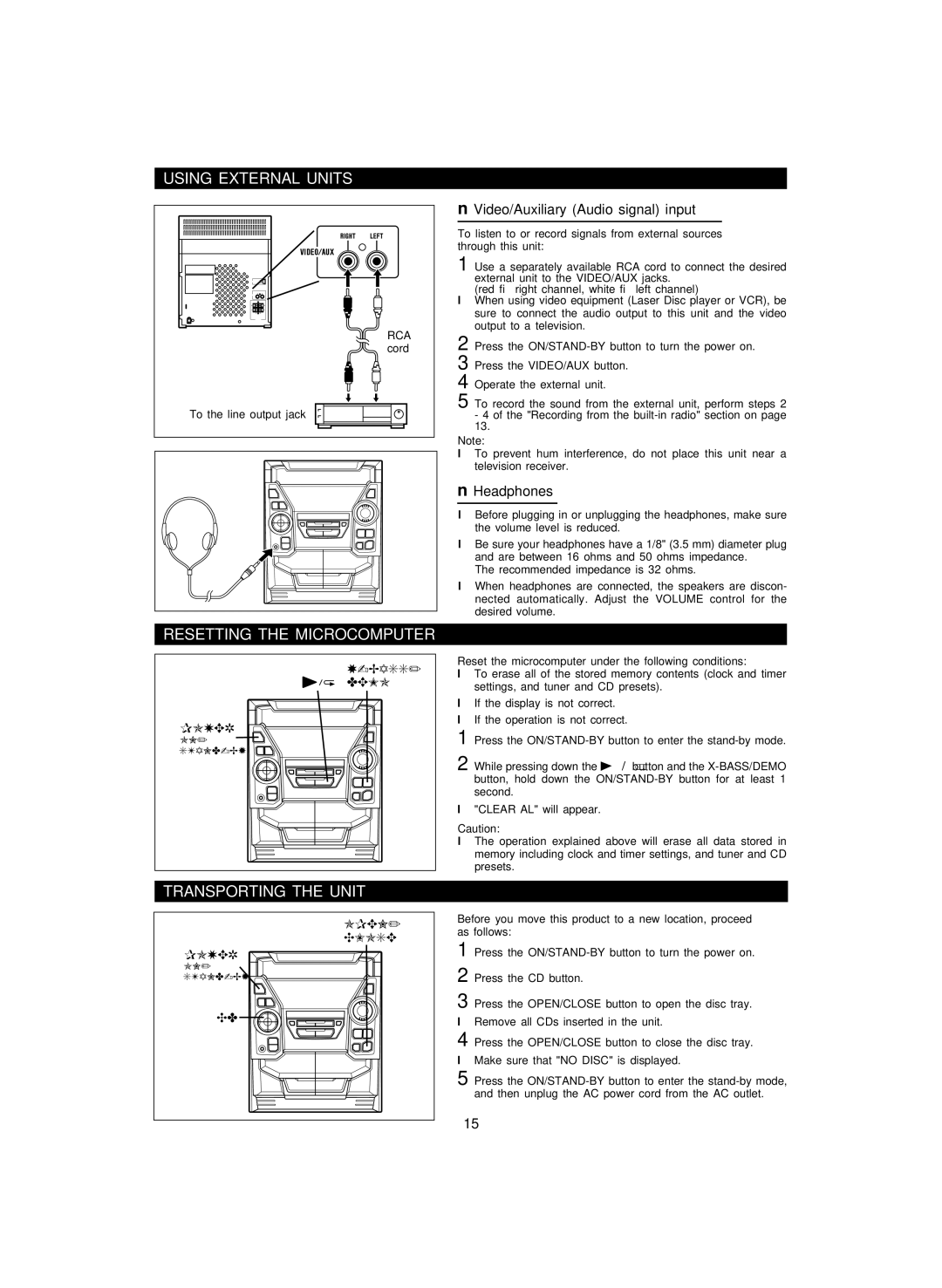 Sharp CD-BA1600 operation manual Using External Units, Resetting the Microcomputer, Transporting the Unit, Bass Demo Power 