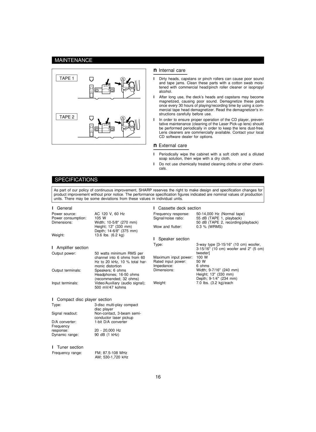 Sharp CD-BA1600 operation manual Specifications, Internal care, External care 