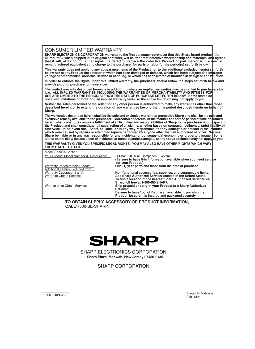 Sharp CD-BA1600 operation manual Consumer Limited Warranty 