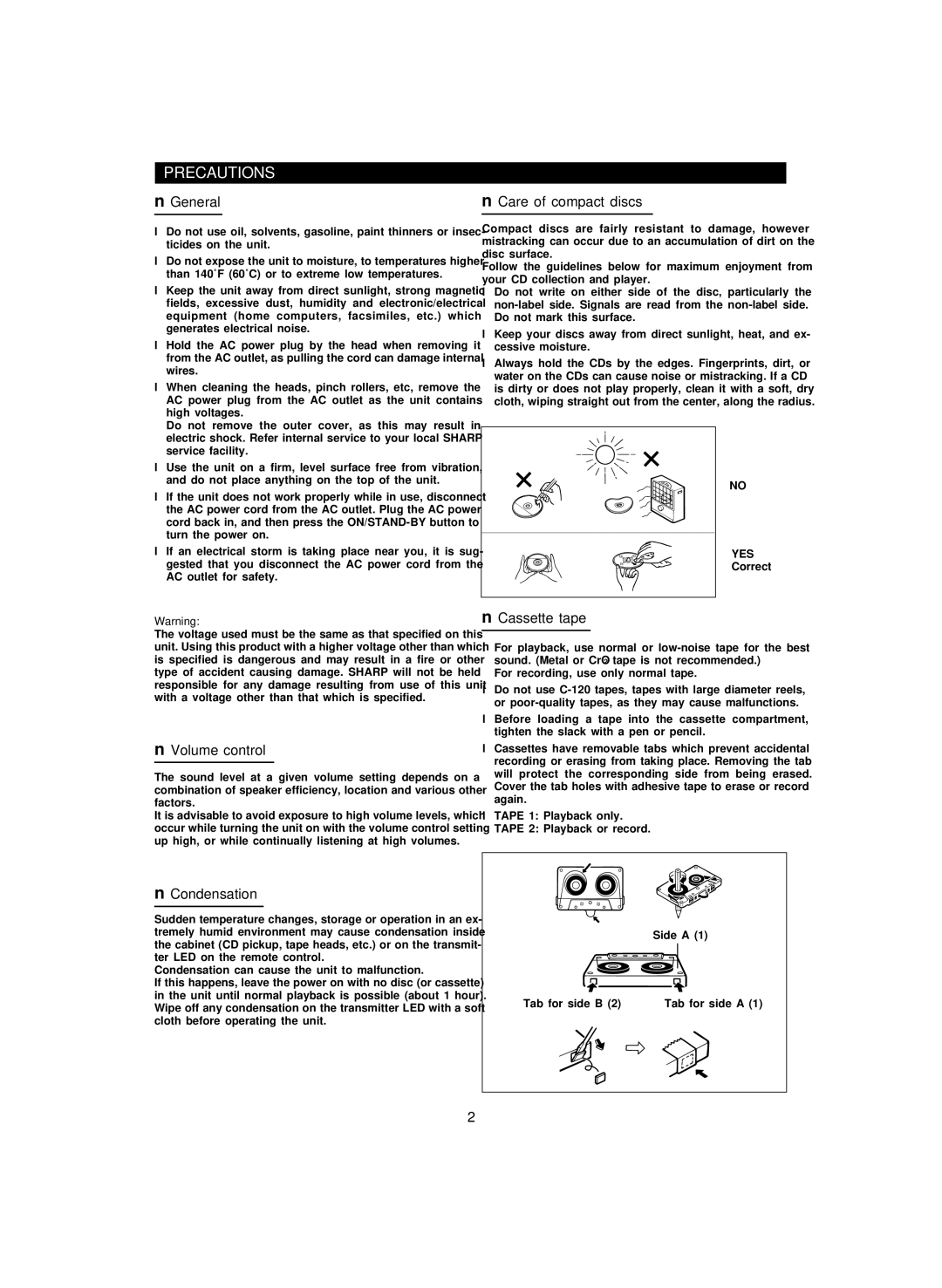 Sharp CD-BA1600 operation manual Precautions 