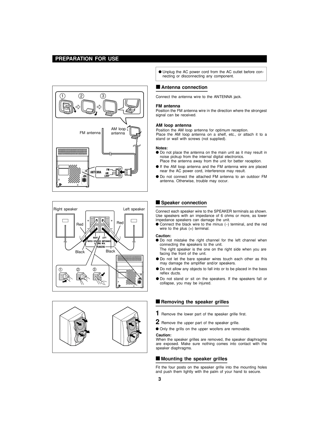 Sharp CD-BA1600 operation manual Preparation for USE, Antenna connection, Speaker connection, Removing the speaker grilles 