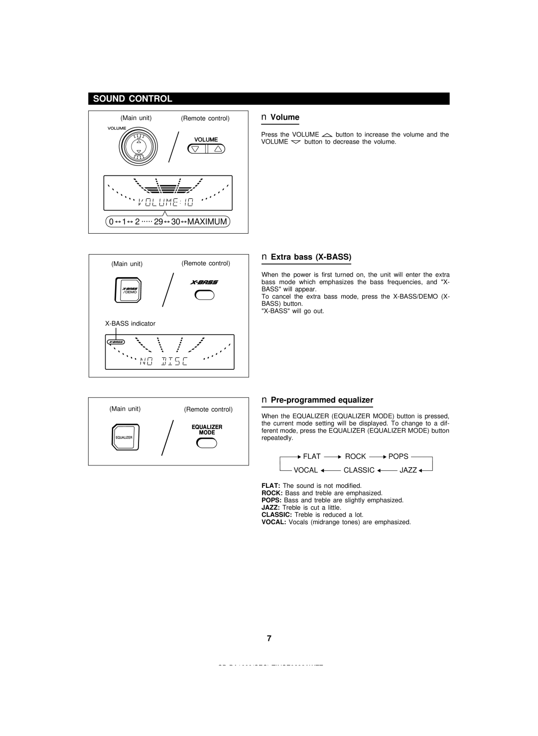 Sharp CD-BA1600 operation manual Sound Control, Volume, Extra bass X-BASS, Pre-programmed equalizer 