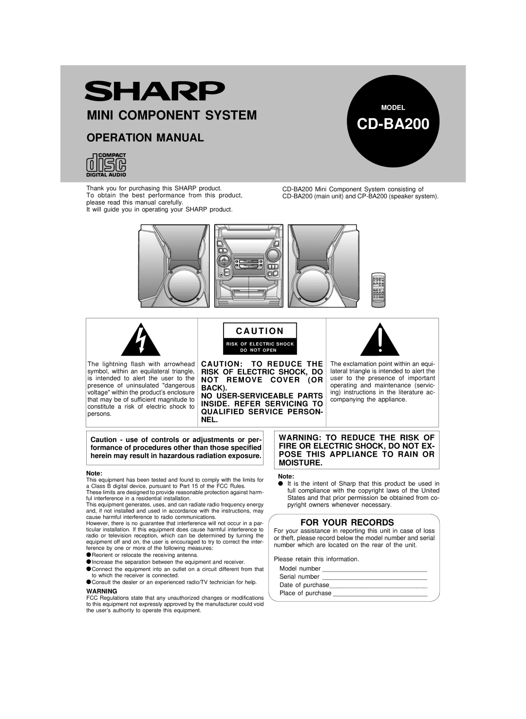 Sharp CD-BA200 operation manual Risk of Electric SHOCK, do, Not Remove Cover or, Back, No USER-SERVICEABLE Parts 