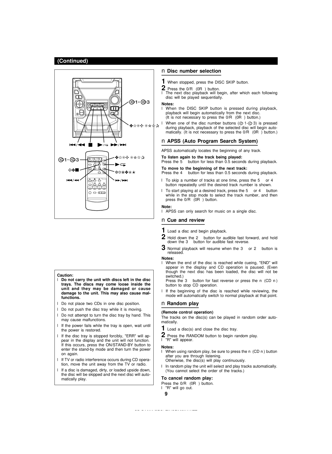 Sharp CD-BA200 Disc number selection, Apss Auto Program Search System, Cue and review, Random play, To cancel random play 