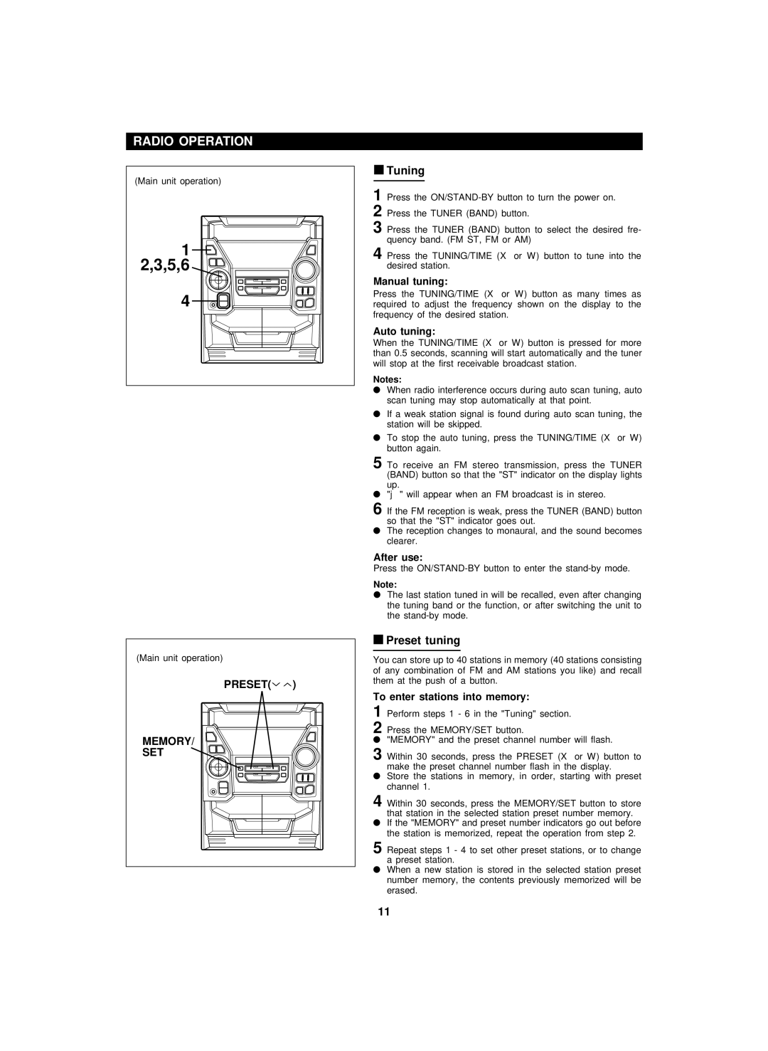 Sharp CD-BA200 operation manual Radio Operation, Preset Memory SET, Tuning, Preset tuning 