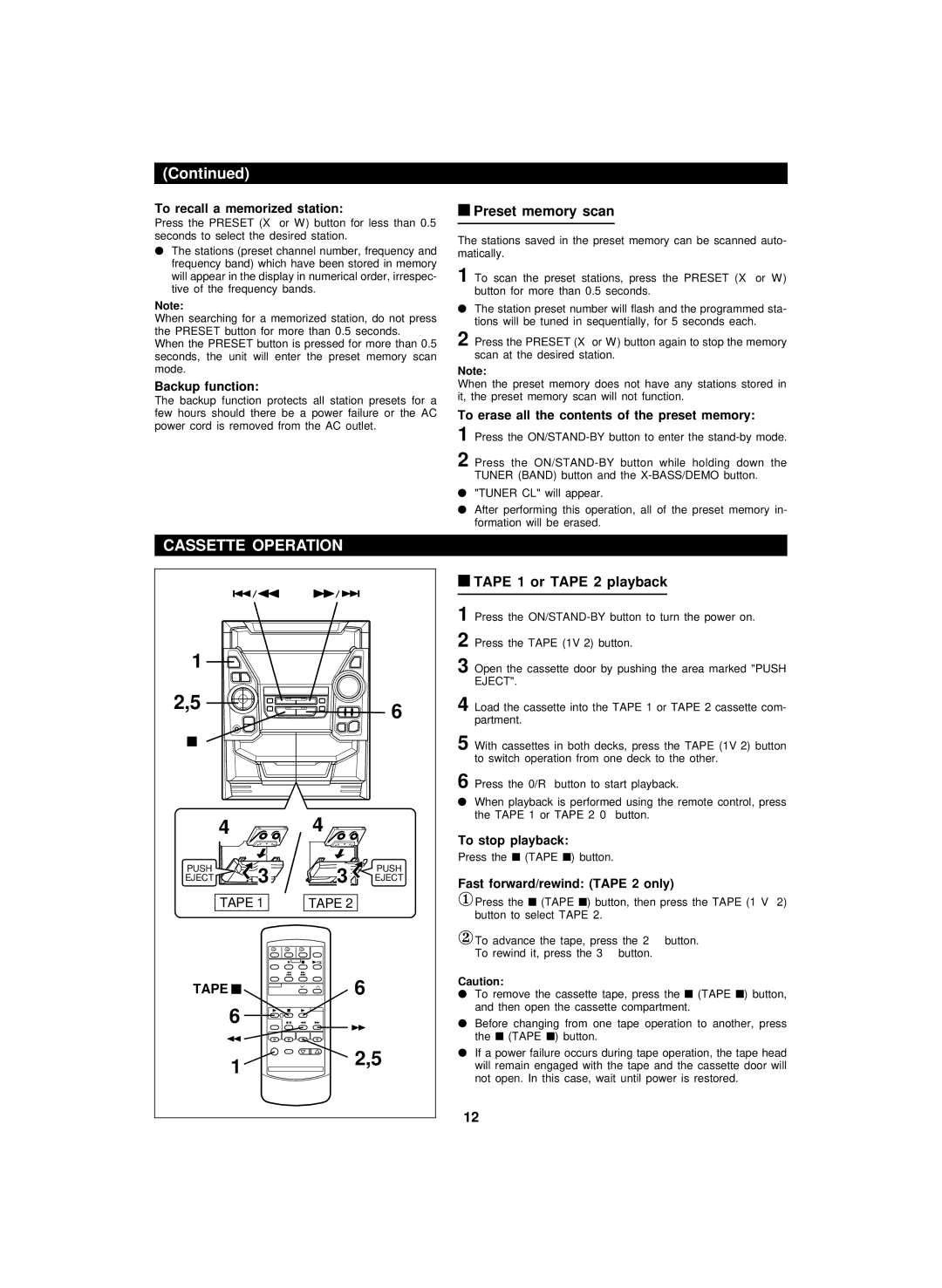 Sharp CD-BA200 operation manual Cassette Operation, Preset memory scan, Tape 1 or Tape 2 playback 