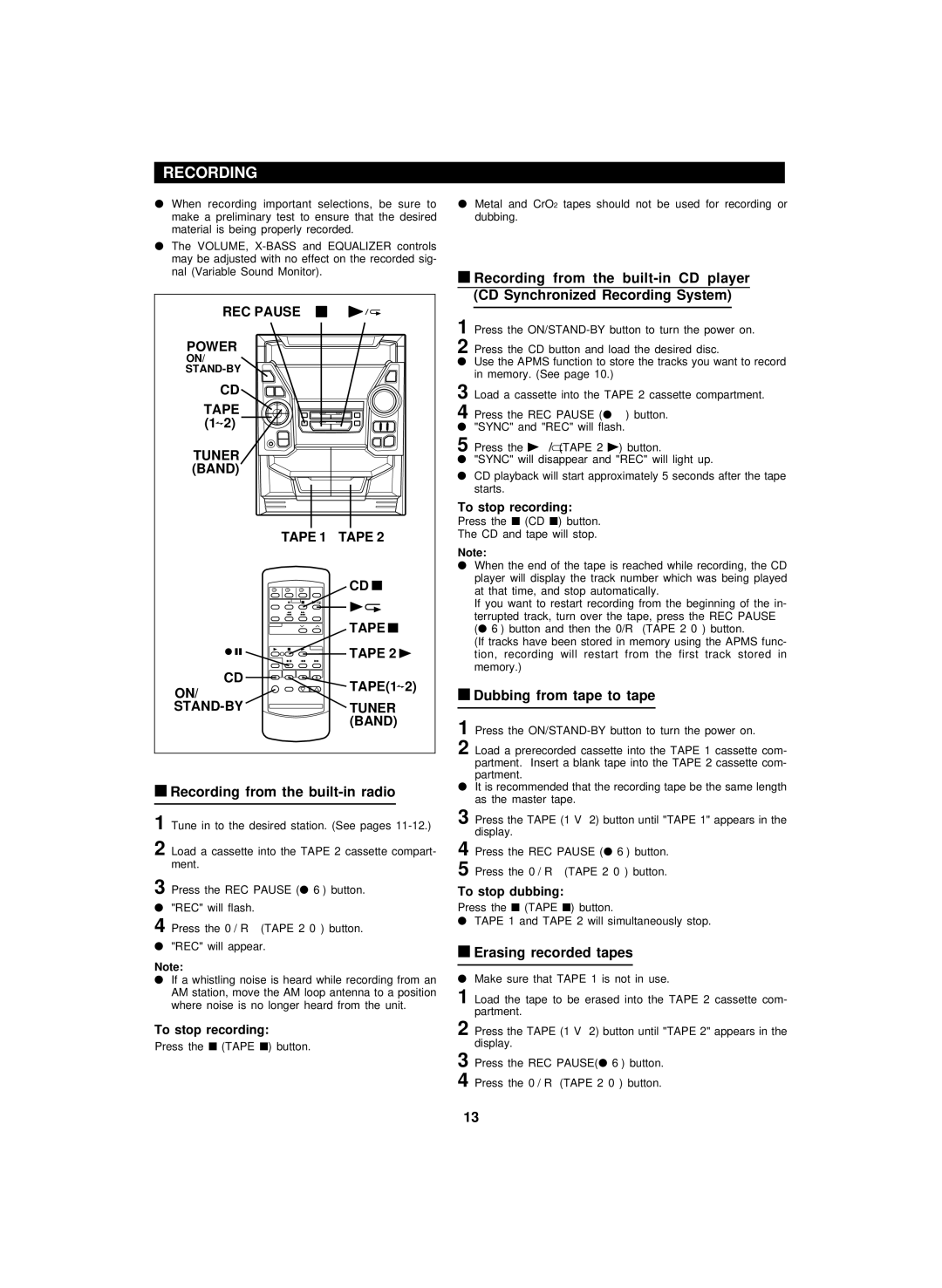 Sharp CD-BA200 operation manual Recording, REC Pause Power, Tuner Band Tape, STAND-BY Tuner Band 