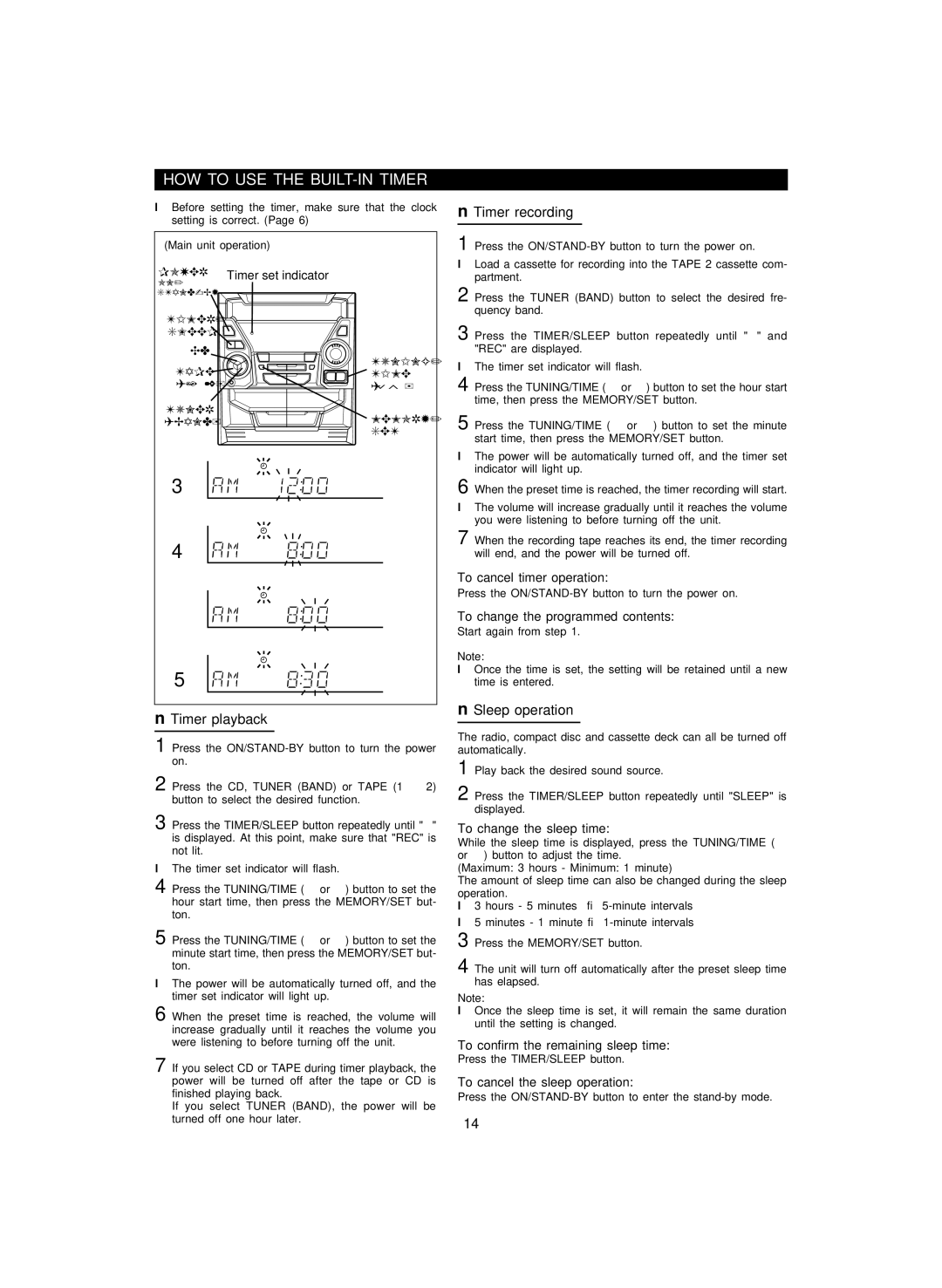 Sharp CD-BA200 operation manual HOW to USE the BUILT-IN Timer, Timer playback, Timer recording, Sleep operation 