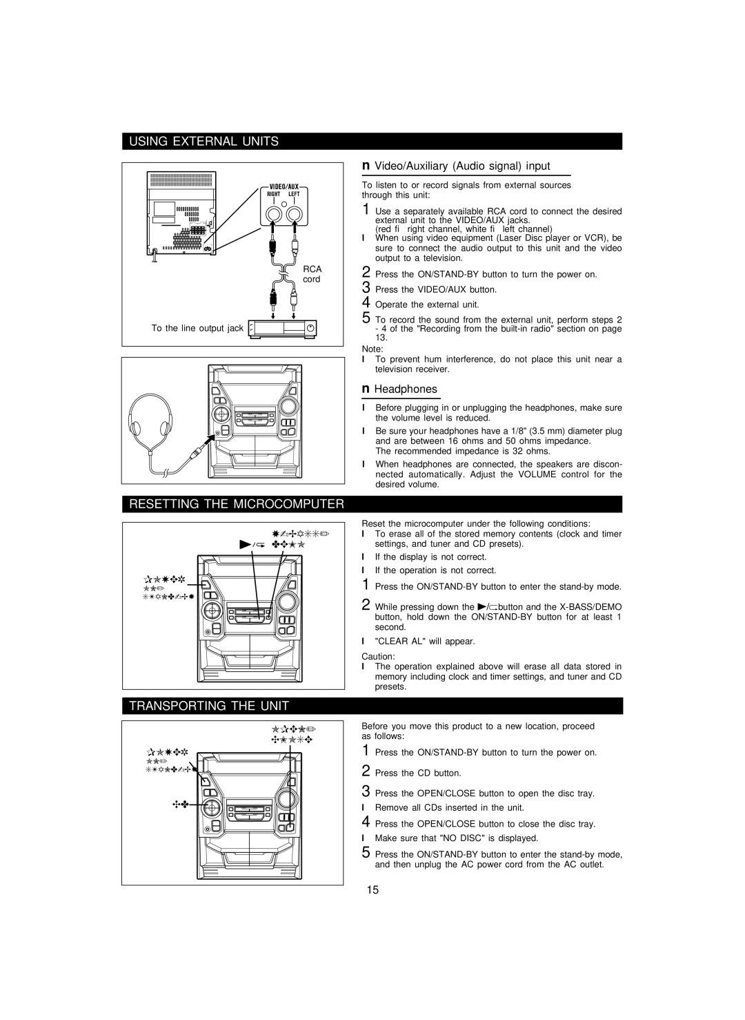 Sharp CD-BA200 operation manual Using External Units, Resetting the Microcomputer, Transporting the Unit, Headphones 