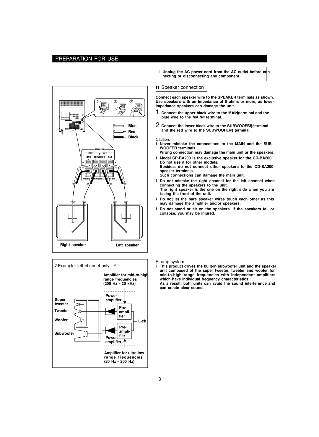 Sharp CD-BA200 operation manual Preparation for USE, Speaker connection, ZExample left channel onlyY, Bi-amp system 