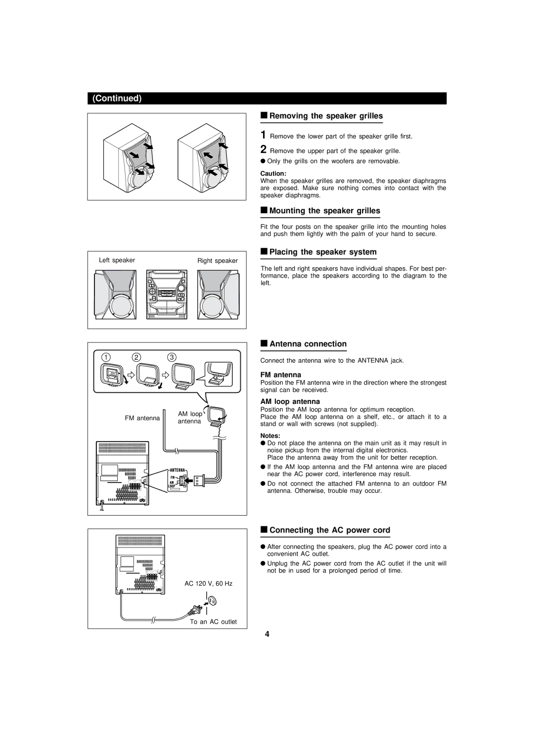 Sharp CD-BA200 Removing the speaker grilles, Mounting the speaker grilles, Placing the speaker system, Antenna connection 