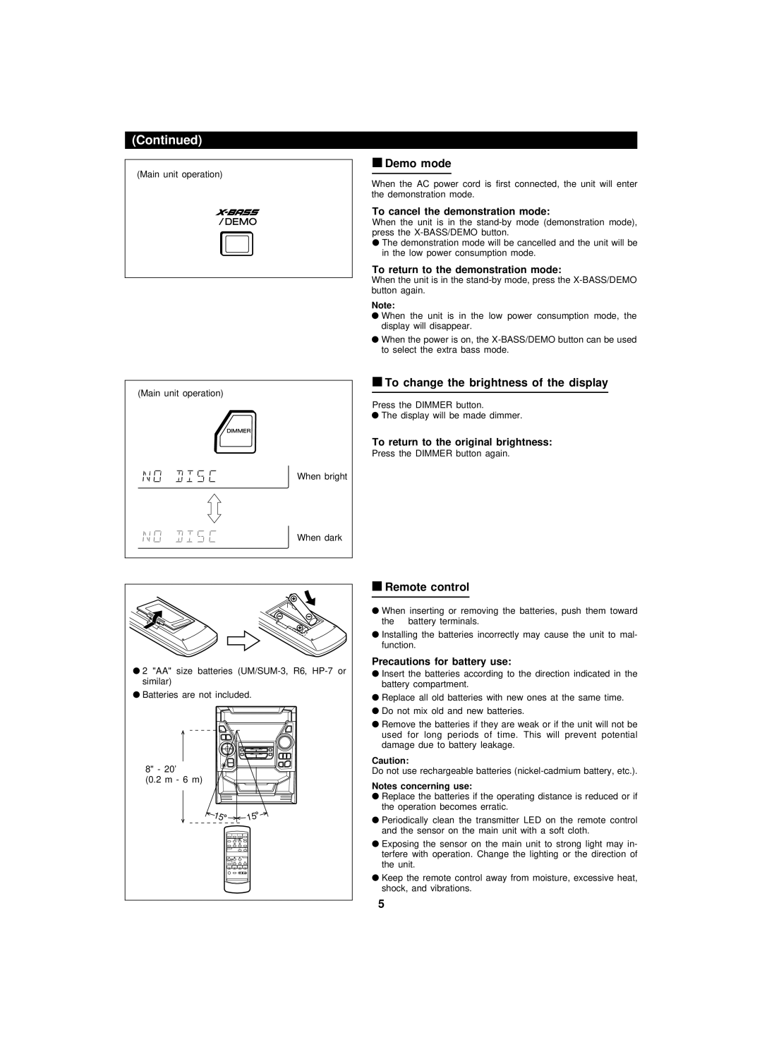 Sharp CD-BA200 operation manual Demo mode, To change the brightness of the display, Remote control 