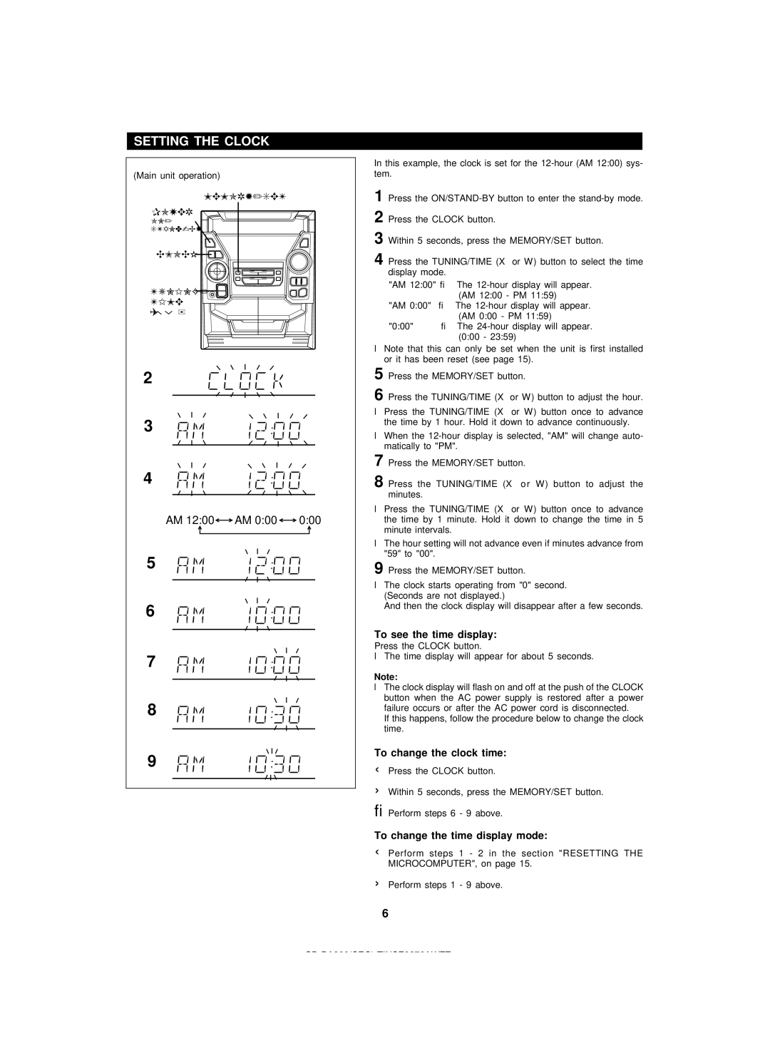 Sharp CD-BA200 Setting the Clock, To see the time display, To change the clock time, To change the time display mode 