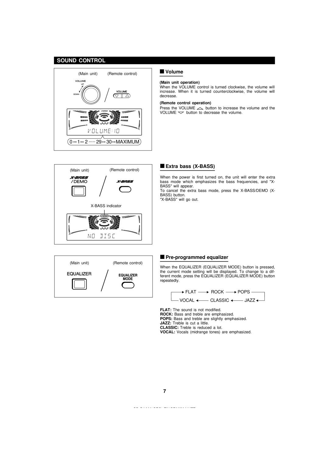 Sharp CD-BA200 operation manual Sound Control, Volume, Extra bass X-BASS, Pre-programmed equalizer 