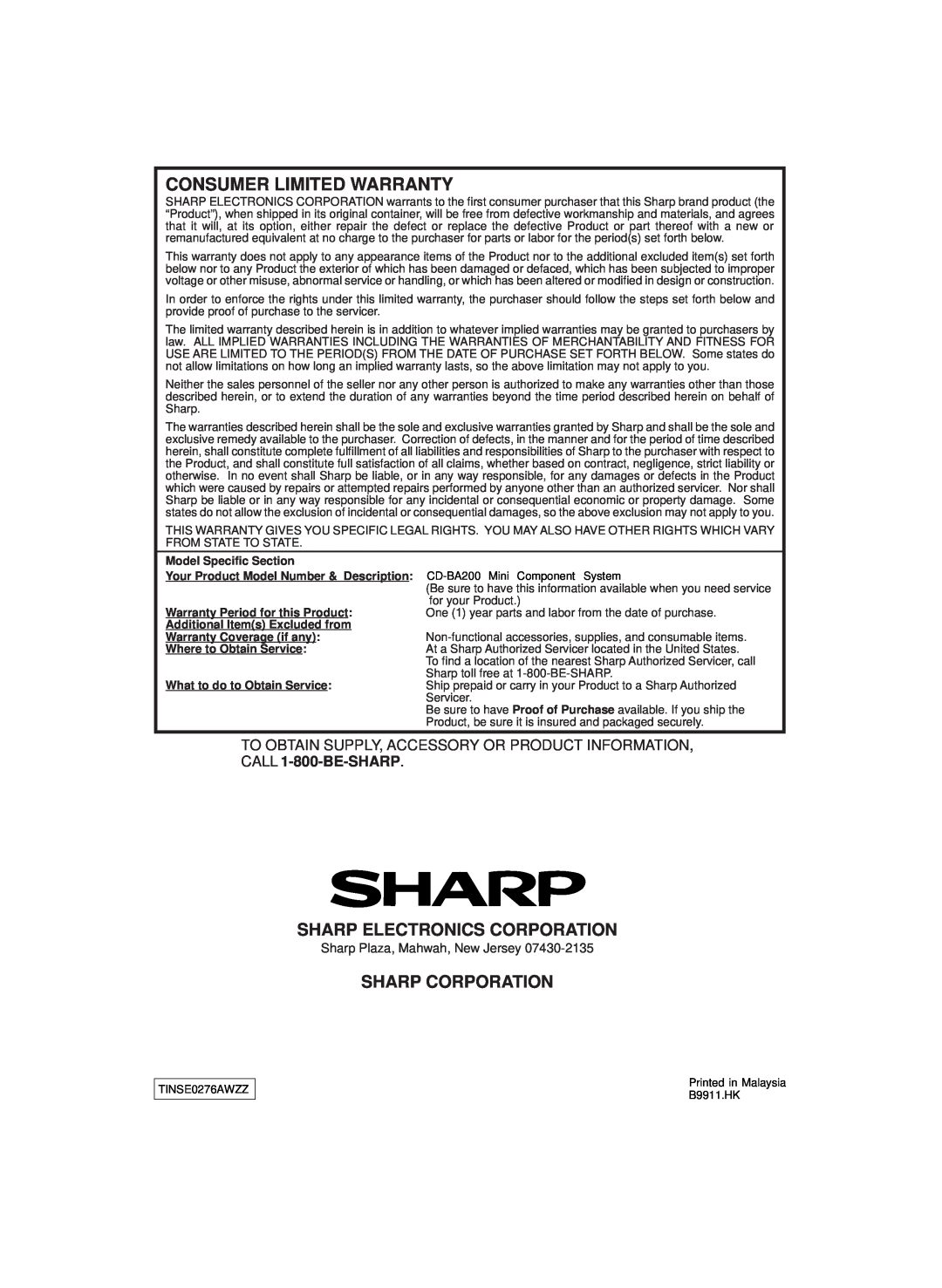 Sharp CD-BA200 Sharp Plaza, Mahwah, New Jersey, Model Specific Section, Your Product Model Number & Description 