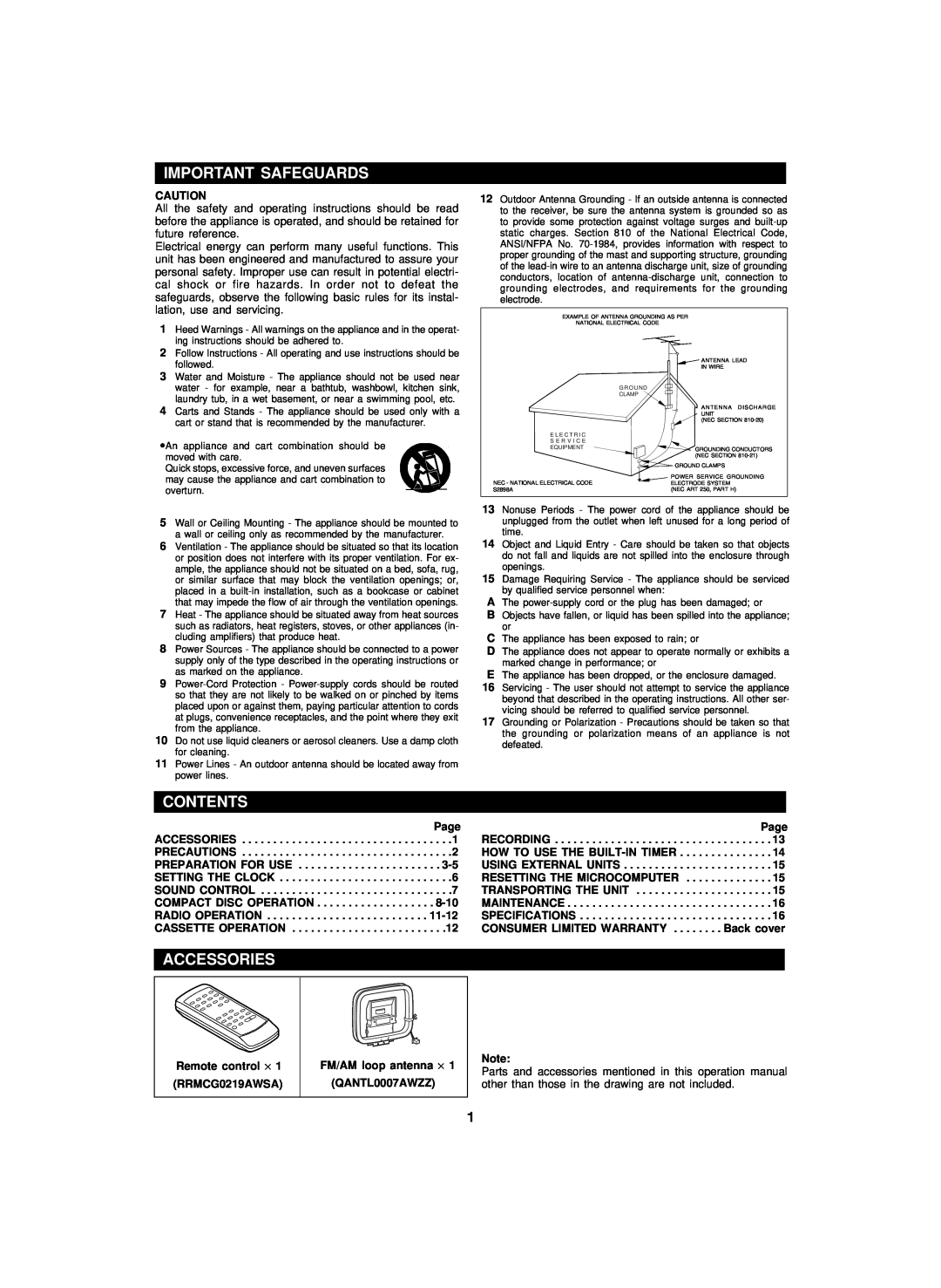 Sharp CD-BA200 operation manual Important Safeguards, Contents, Accessories, Remote control × RRMCG0219AWSA 