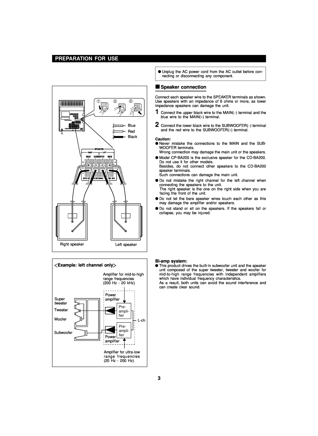 Sharp CD-BA200 operation manual Preparation For Use, Speaker connection, ZExample left channel onlyY, Bi-ampsystem 