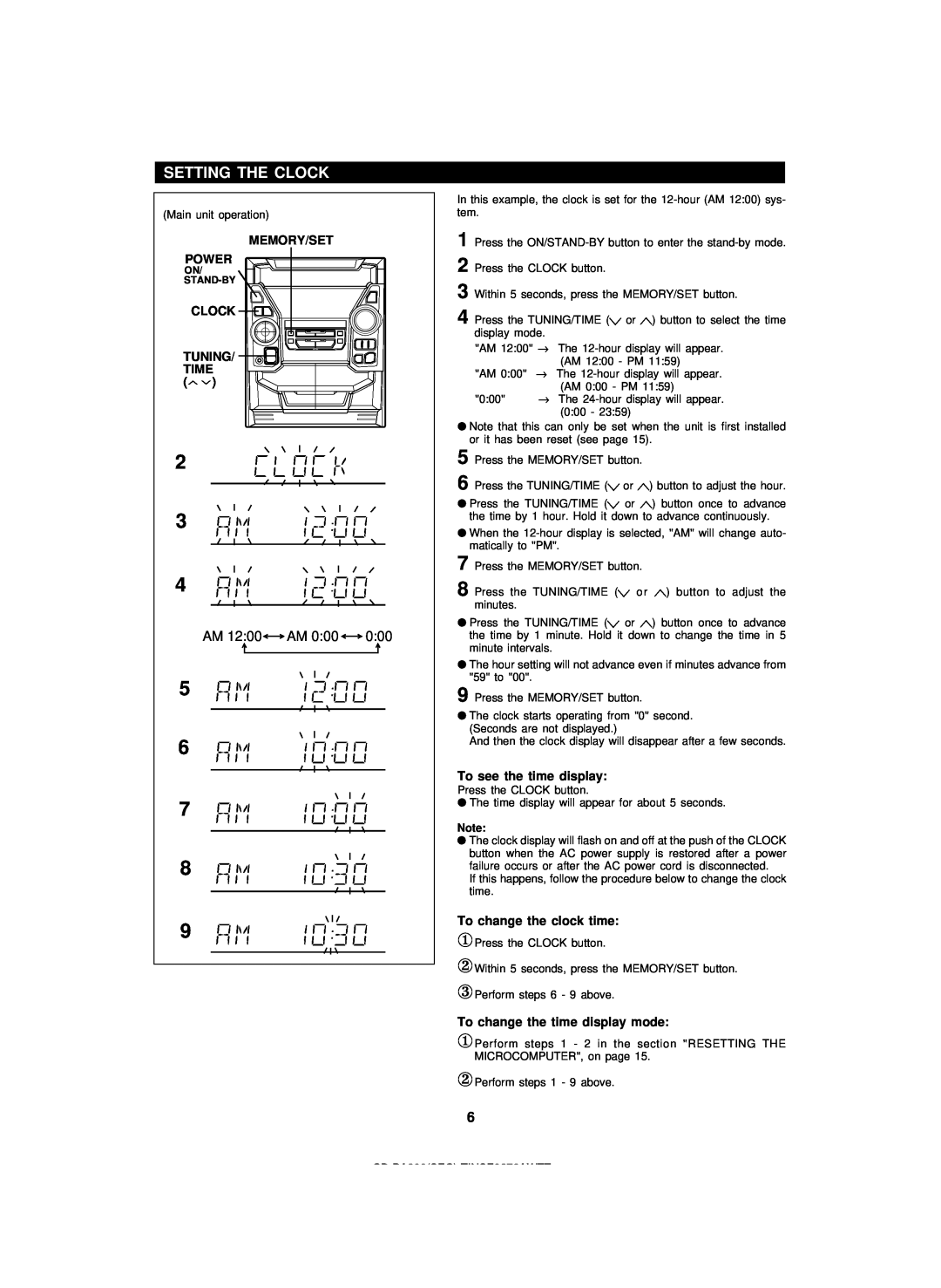 Sharp CD-BA200 operation manual Setting The Clock, AM 12 00 AM, Memory/Set Power, Tuning, Time, To see the time display 