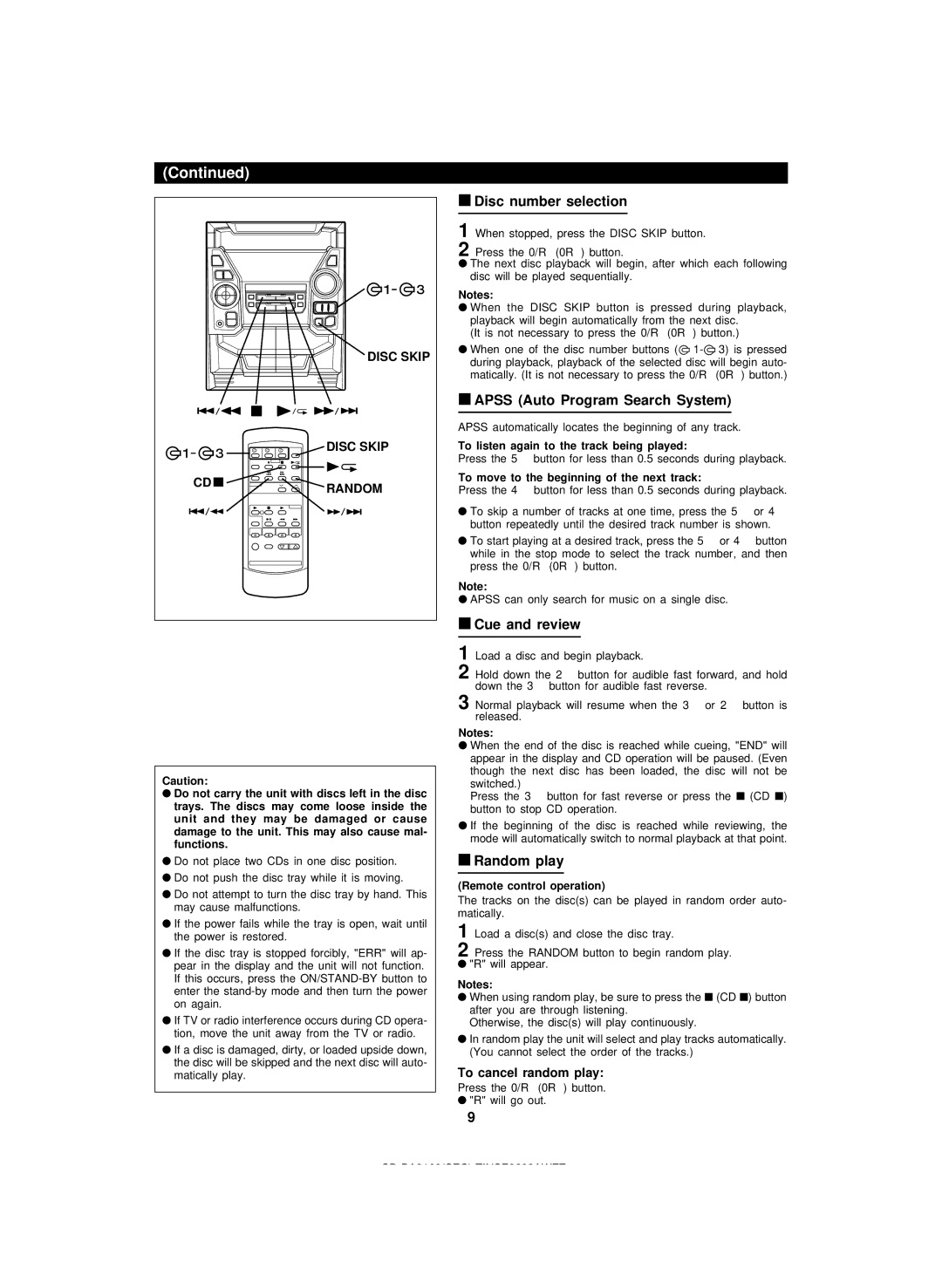 Sharp CD-BA2100 Disc number selection, Apss Auto Program Search System, Cue and review, Random play, To cancel random play 