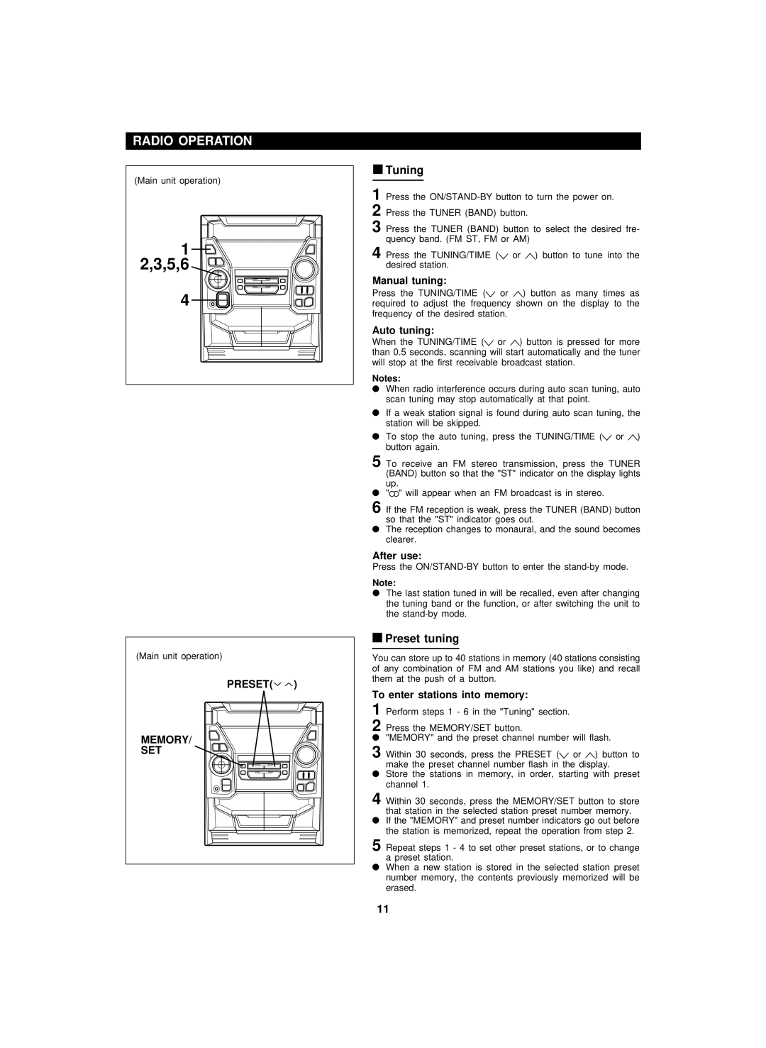 Sharp CD-BA2100 operation manual Radio Operation, Tuning, Preset tuning 