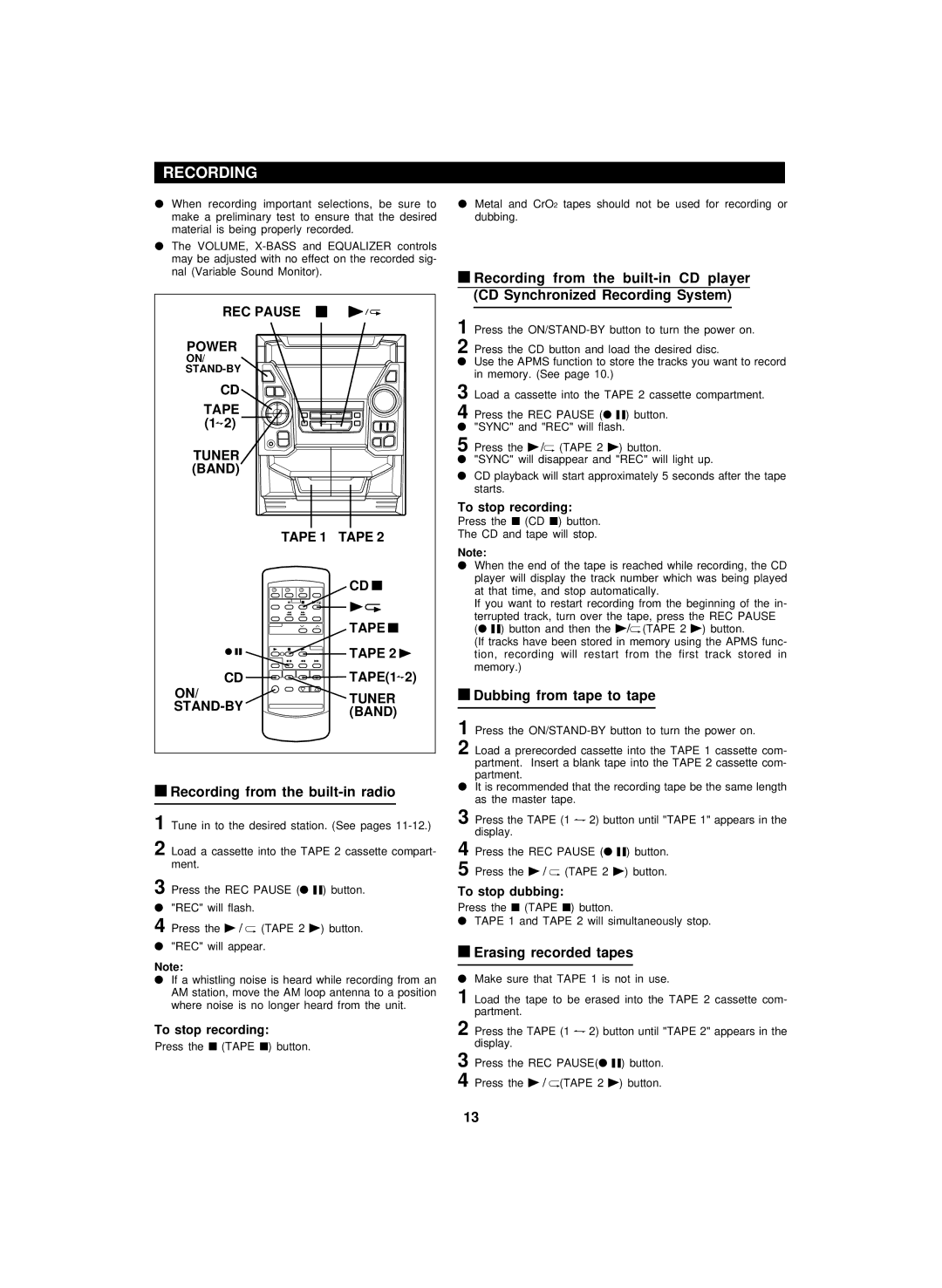 Sharp CD-BA2100 operation manual Recording 