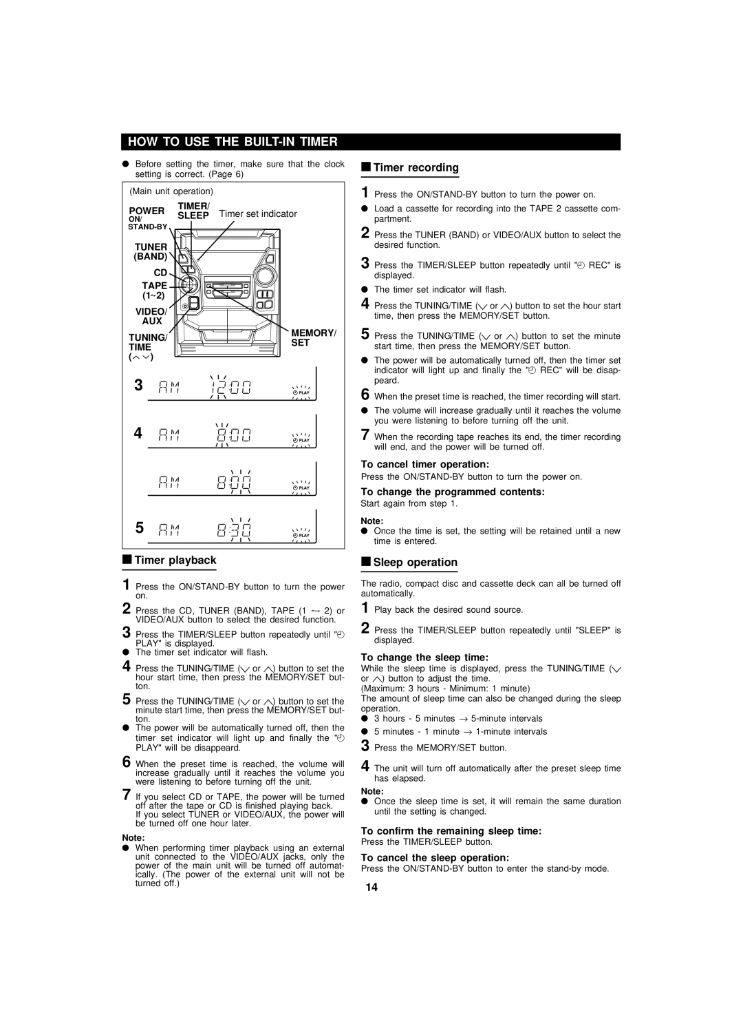 Sharp CD-BA2100 operation manual HOW to USE the BUILT-IN Timer, Timer playback, Timer recording, Sleep operation 