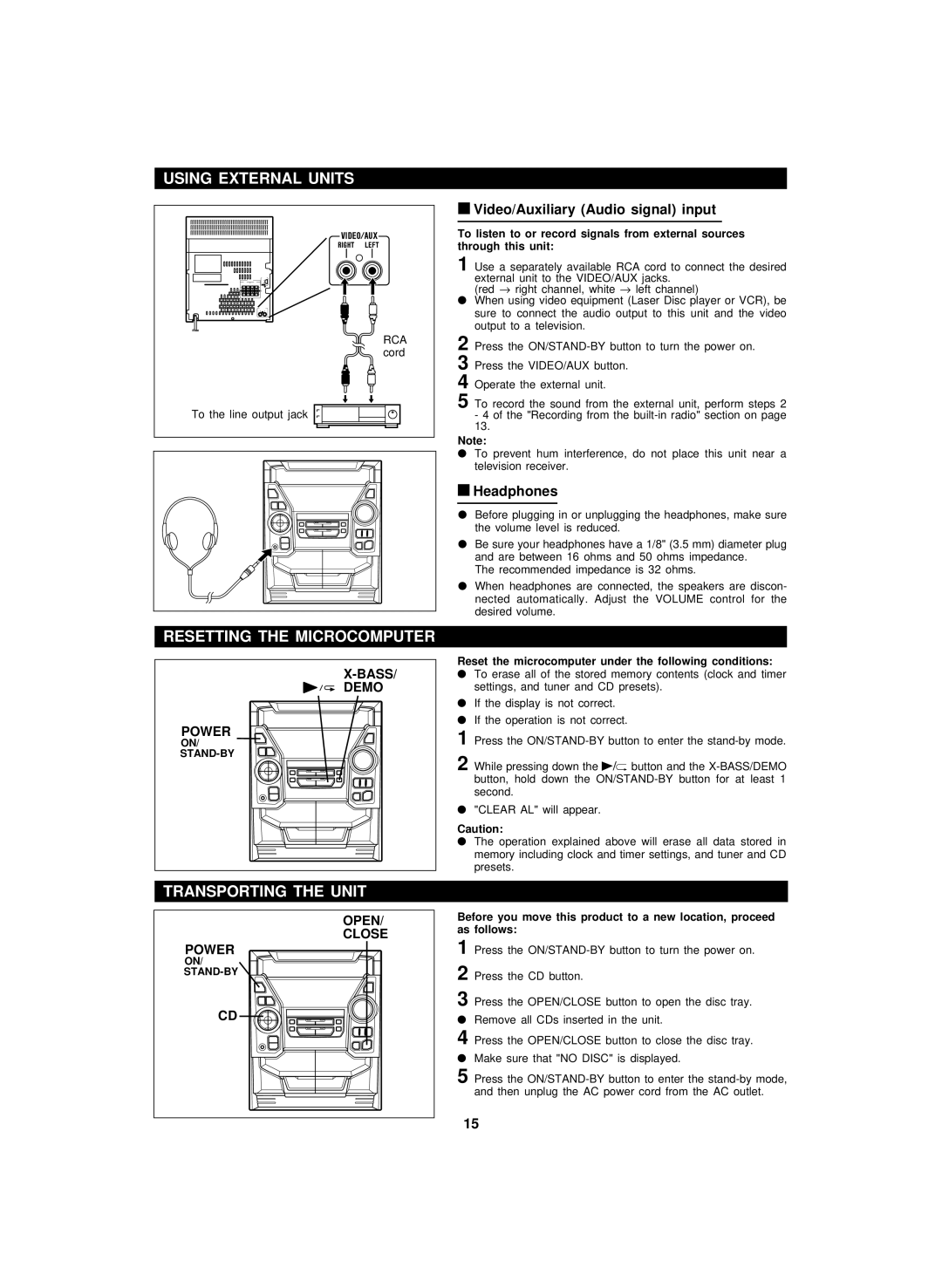 Sharp CD-BA2100 operation manual Using External Units, Resetting the Microcomputer, Transporting the Unit, Headphones 