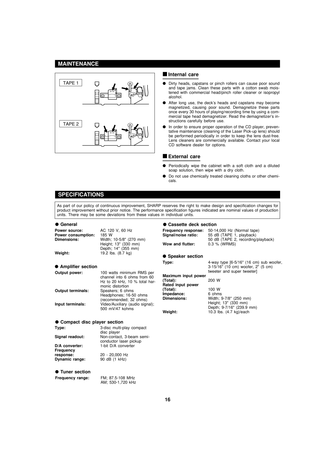 Sharp CD-BA2100 operation manual Specifications, Internal care, External care 