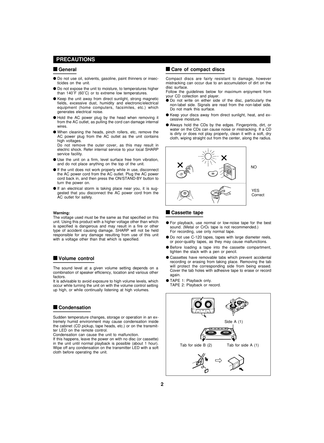 Sharp CD-BA2100 operation manual Precautions 