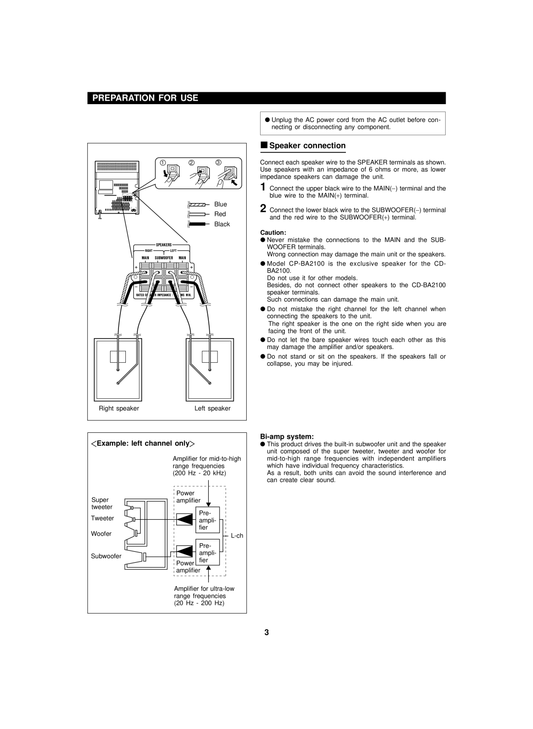 Sharp CD-BA2100 operation manual Preparation for USE, Speaker connection, ZExample left channel onlyY, Bi-amp system 