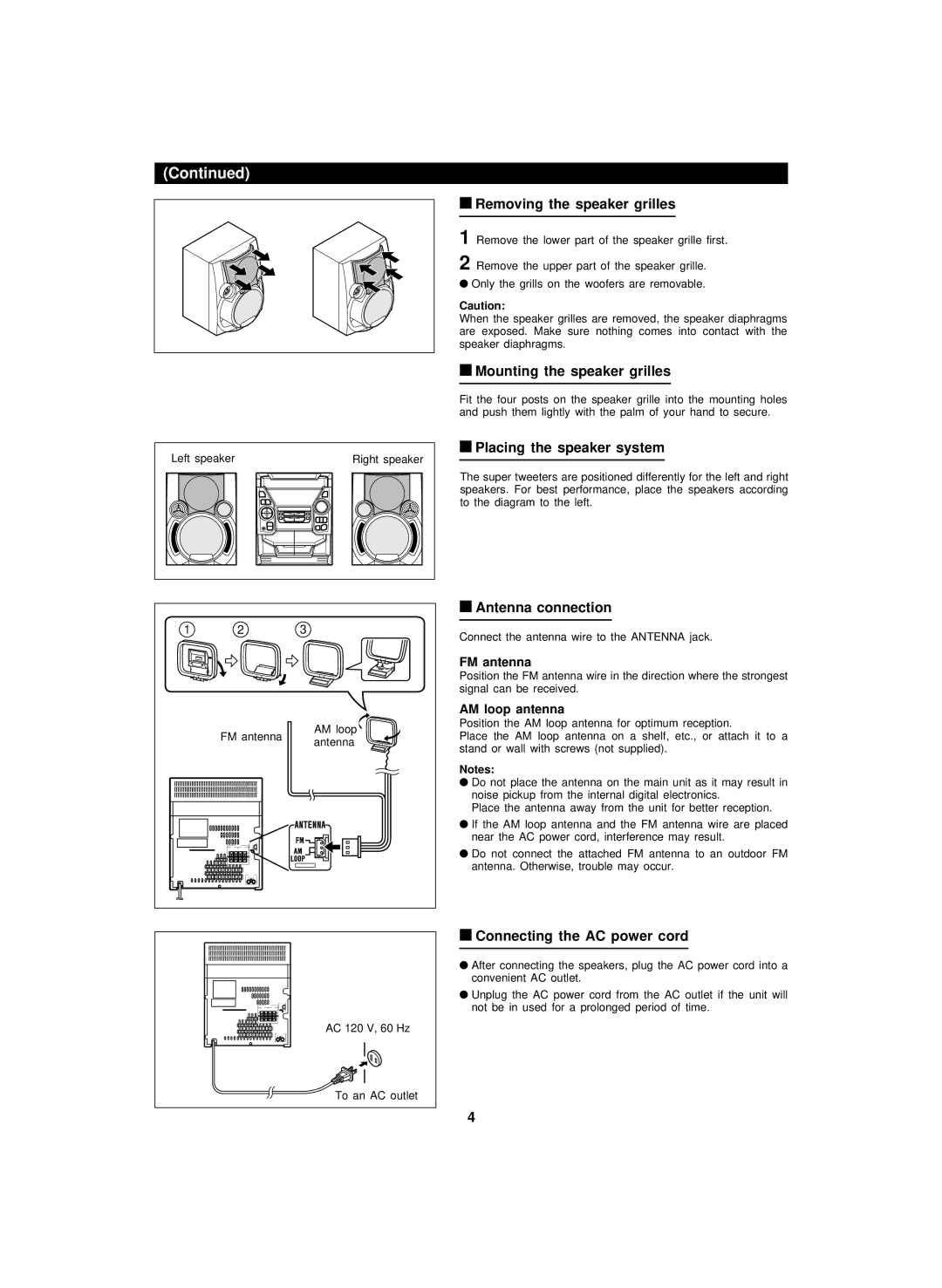 Sharp CD-BA2100 Removing the speaker grilles, Mounting the speaker grilles, Placing the speaker system, Antenna connection 