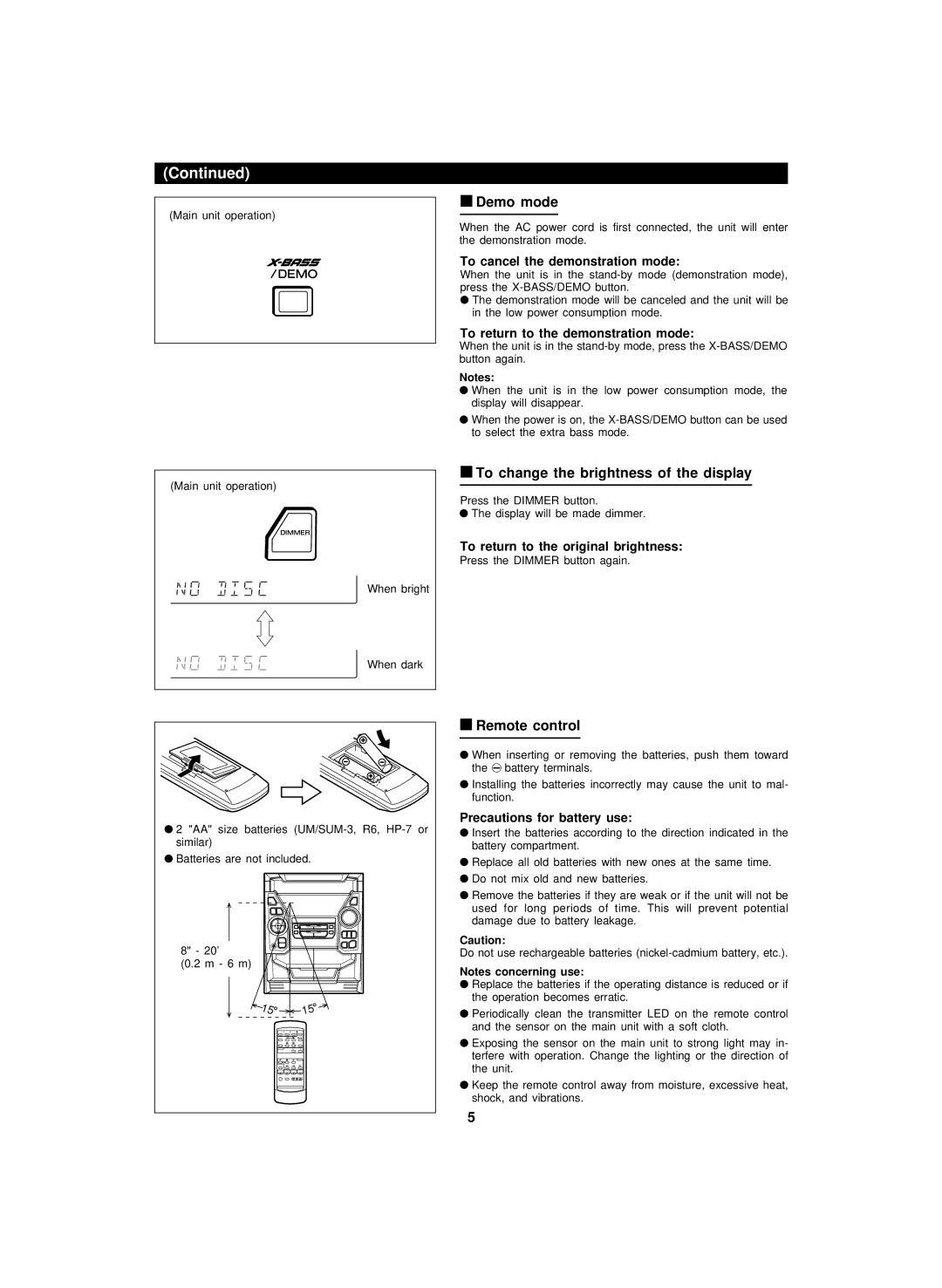 Sharp CD-BA2100 operation manual Demo mode, To change the brightness of the display, Remote control 